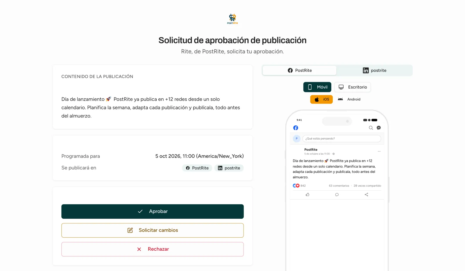 La página de aprobación que abre el aprobador desde el correo, con la publicación, su vista previa y los botones Aprobar, Solicitar cambios y Rechazar