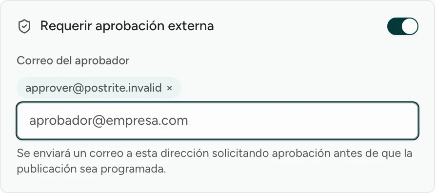 La sección de aprobación del editor, activada, con el correo de un aprobador