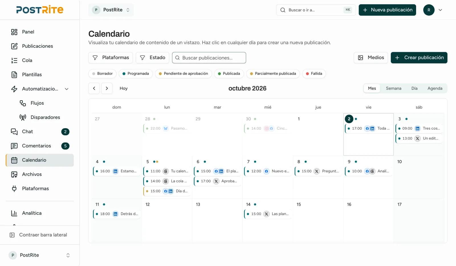 El Calendario en vista de mes, con las publicaciones programadas en sus días