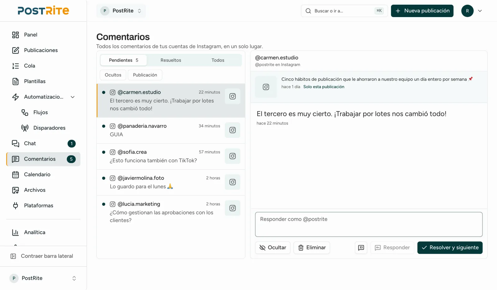 La bandeja de Comentarios con comentarios pendientes de Instagram, uno de ellos abierto