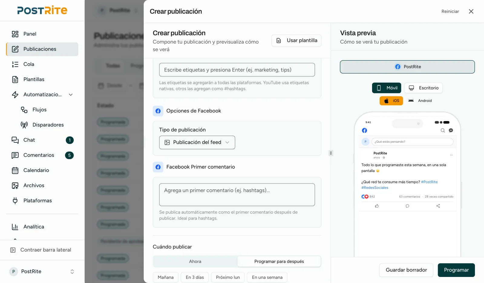El editor con una Página de Facebook seleccionada, mostrando el tipo de publicación y el primer comentario junto a la vista previa de Facebook
