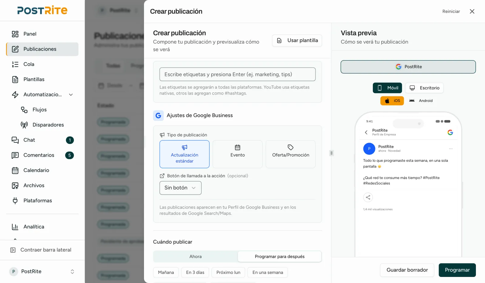 El editor con un Perfil de Empresa de Google seleccionado, mostrando los tipos de publicación y el botón de acción junto a la vista previa