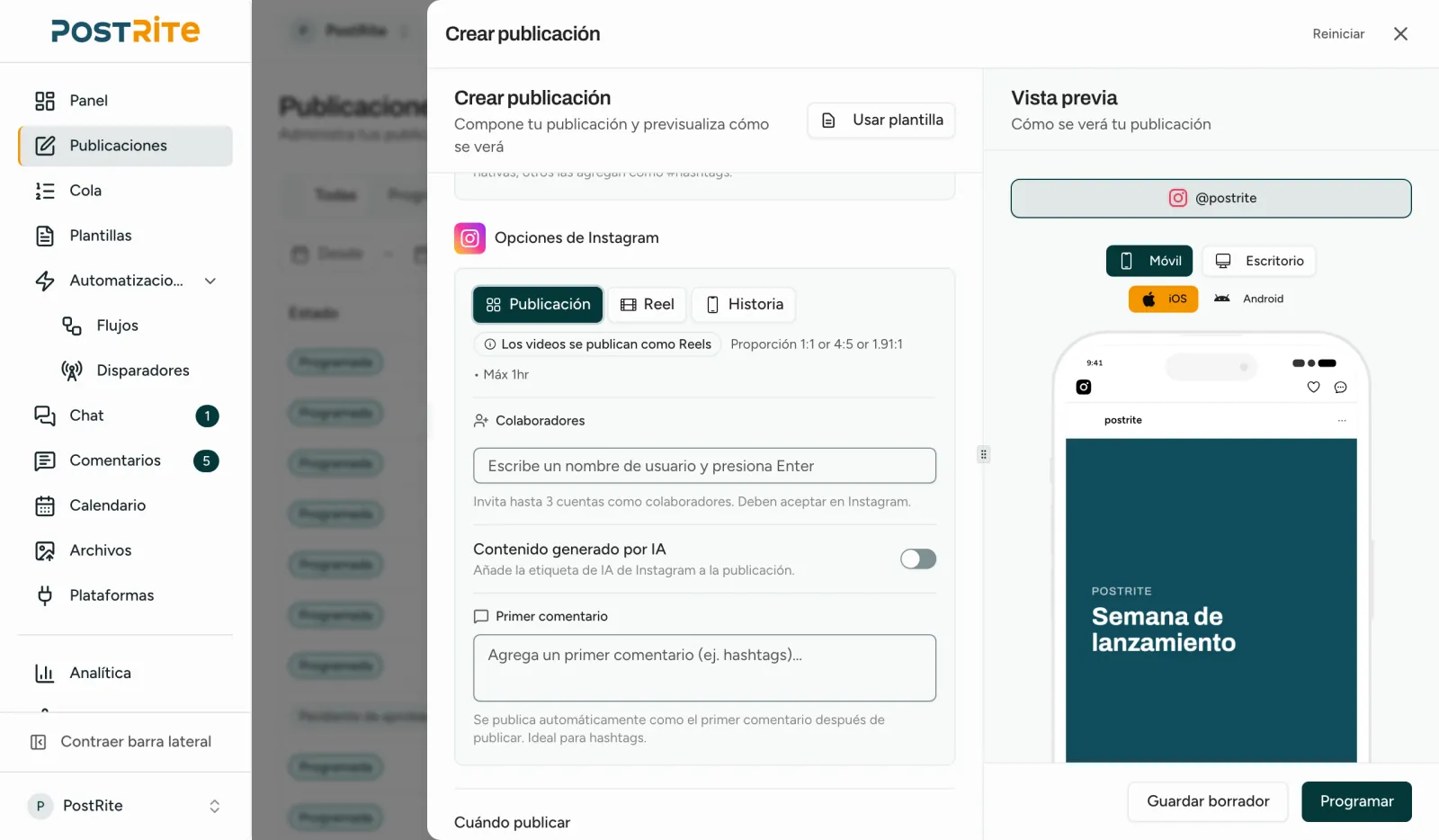 El editor con una cuenta de Instagram seleccionada, mostrando Post, Reel e Historia, colaboradores y el primer comentario junto a la vista previa