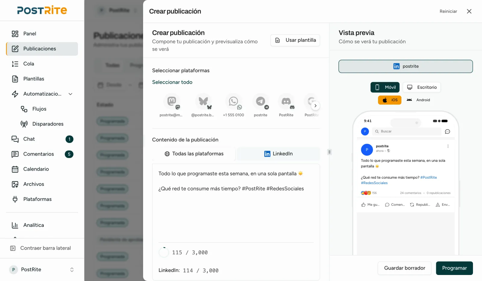 El editor con una cuenta de LinkedIn seleccionada y la vista previa de LinkedIn