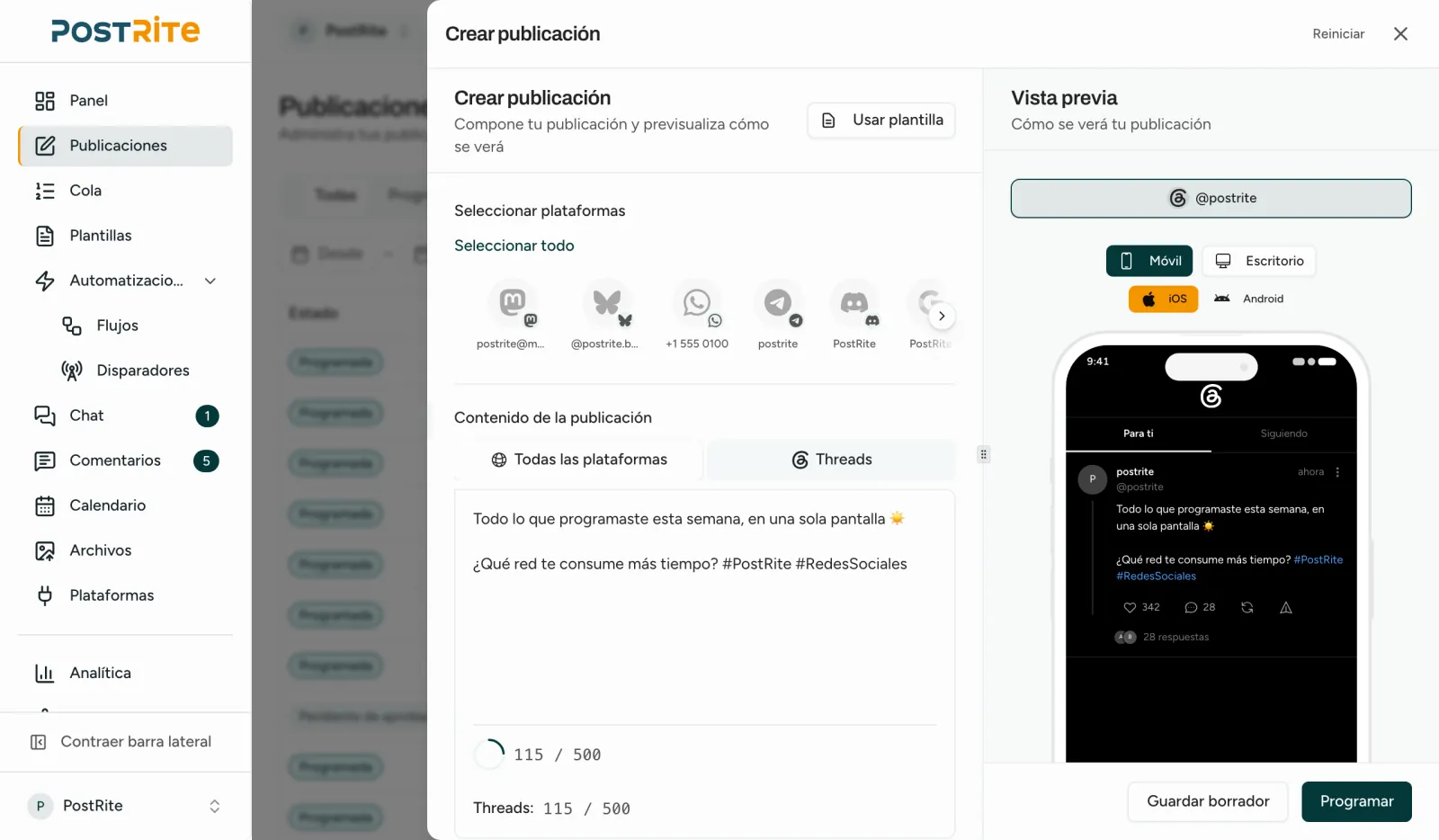 El editor con una cuenta de Threads seleccionada y la vista previa de Threads