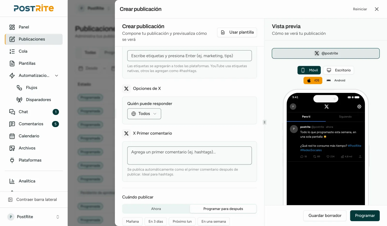 El editor con una cuenta de X seleccionada, mostrando quién puede responder y el primer comentario junto a la vista previa de X