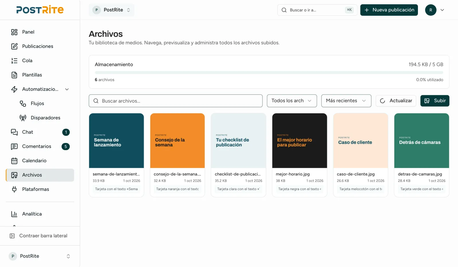 La página Archivos con seis imágenes en la biblioteca de medios y el almacenamiento usado