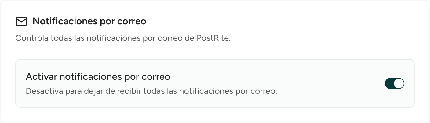 La tarjeta Notificaciones por correo con el interruptor que activa o desactiva todas las notificaciones por correo