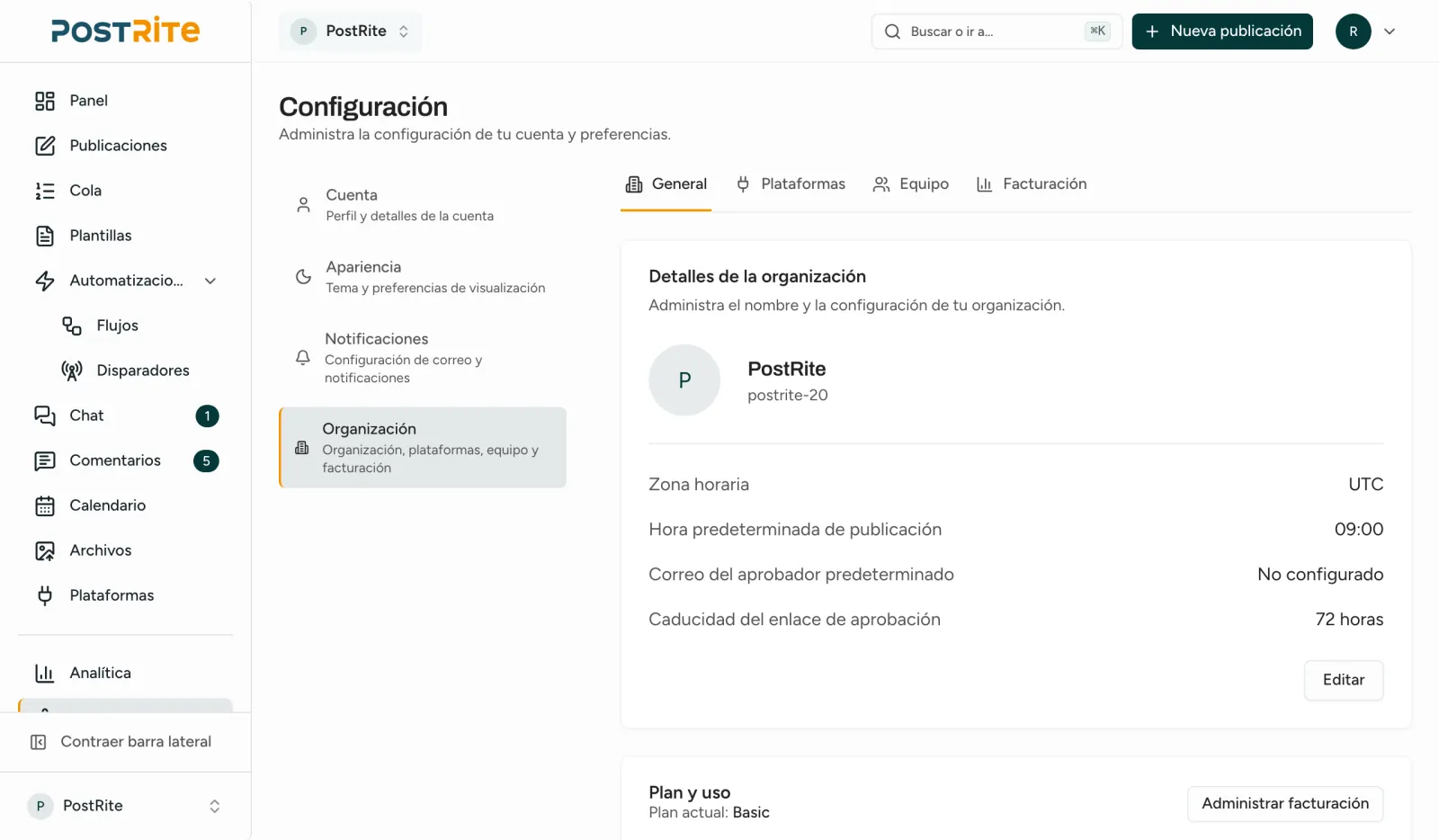 La configuración de la organización con el nombre, la zona horaria, la hora de publicación por defecto y la caducidad del enlace de aprobación