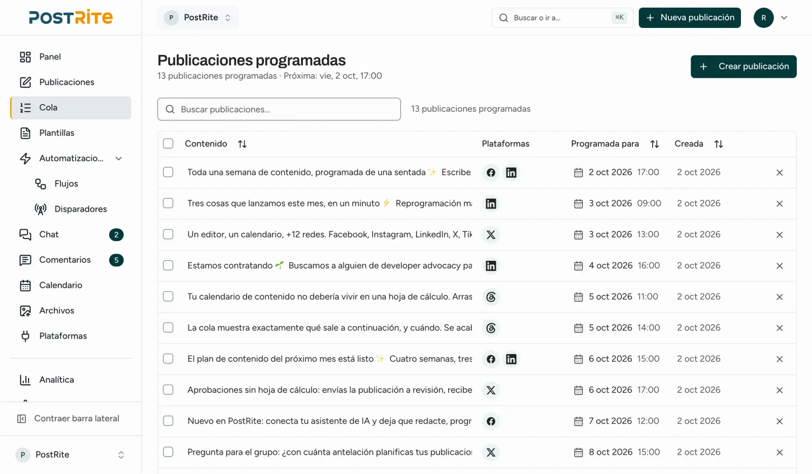 La página Cola con las próximas publicaciones en orden de publicación