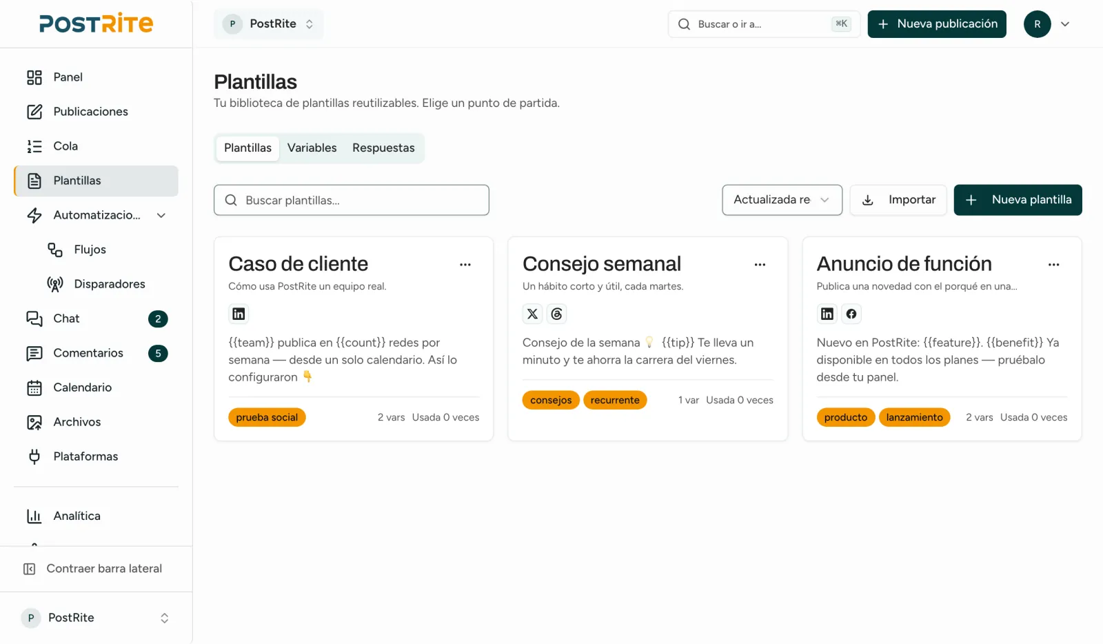 La página Plantillas con tres plantillas guardadas, sus etiquetas y sus redes
