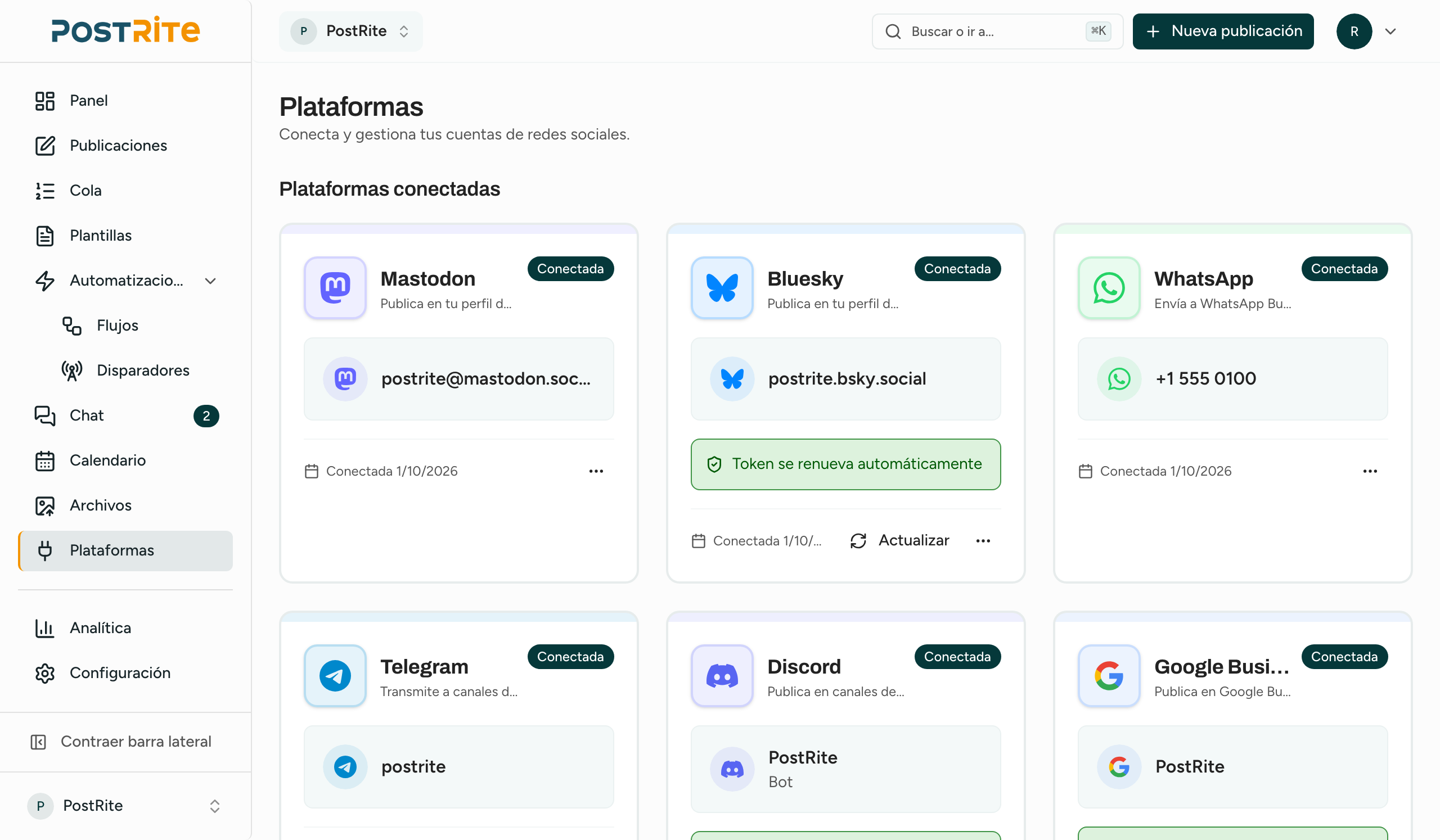 Página de plataformas de PostRite con las cuentas sociales conectadas y el estado de cada conexión