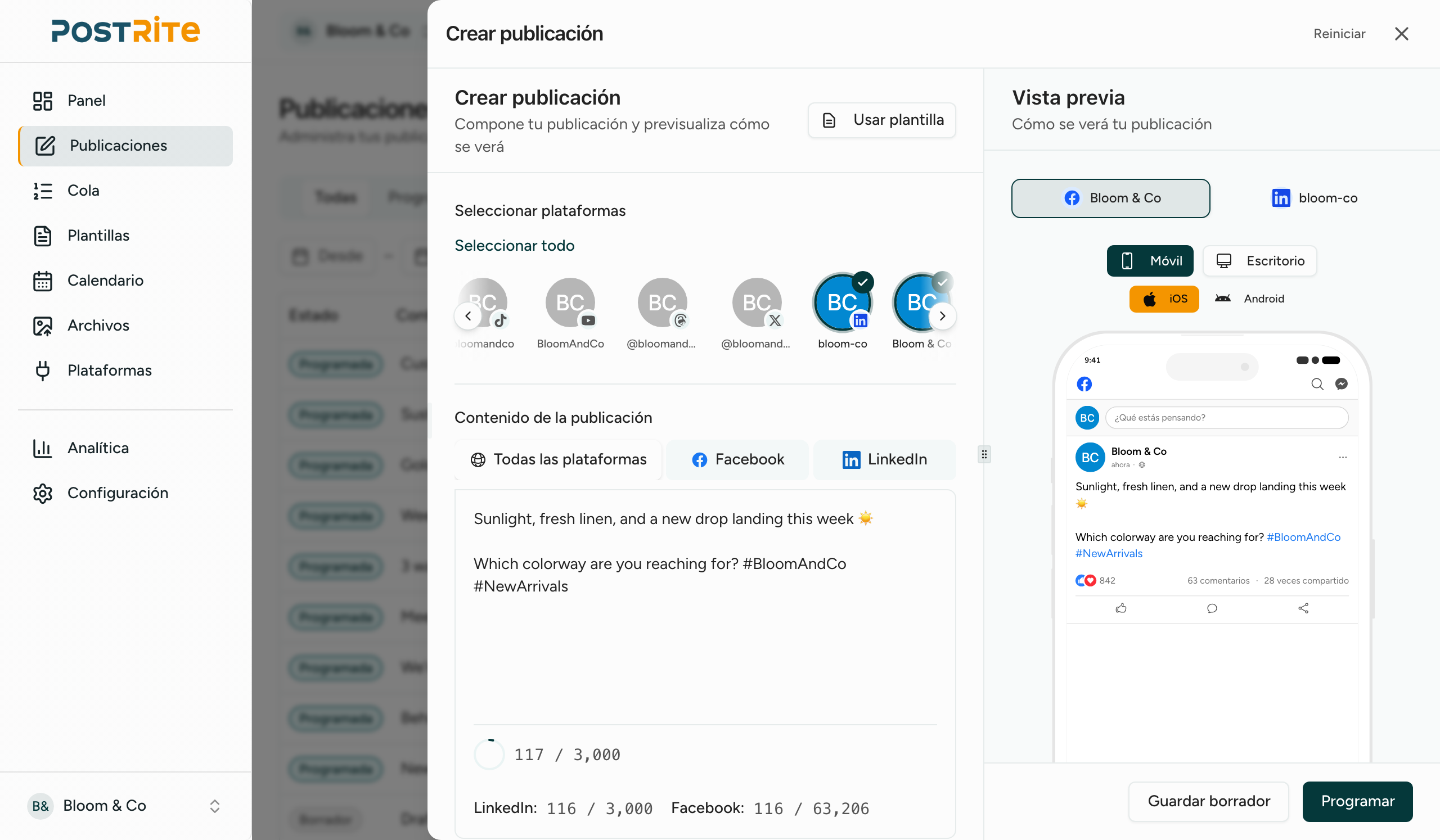 Editor de publicaciones de PostRite con vistas previas por plataforma en tiempo real