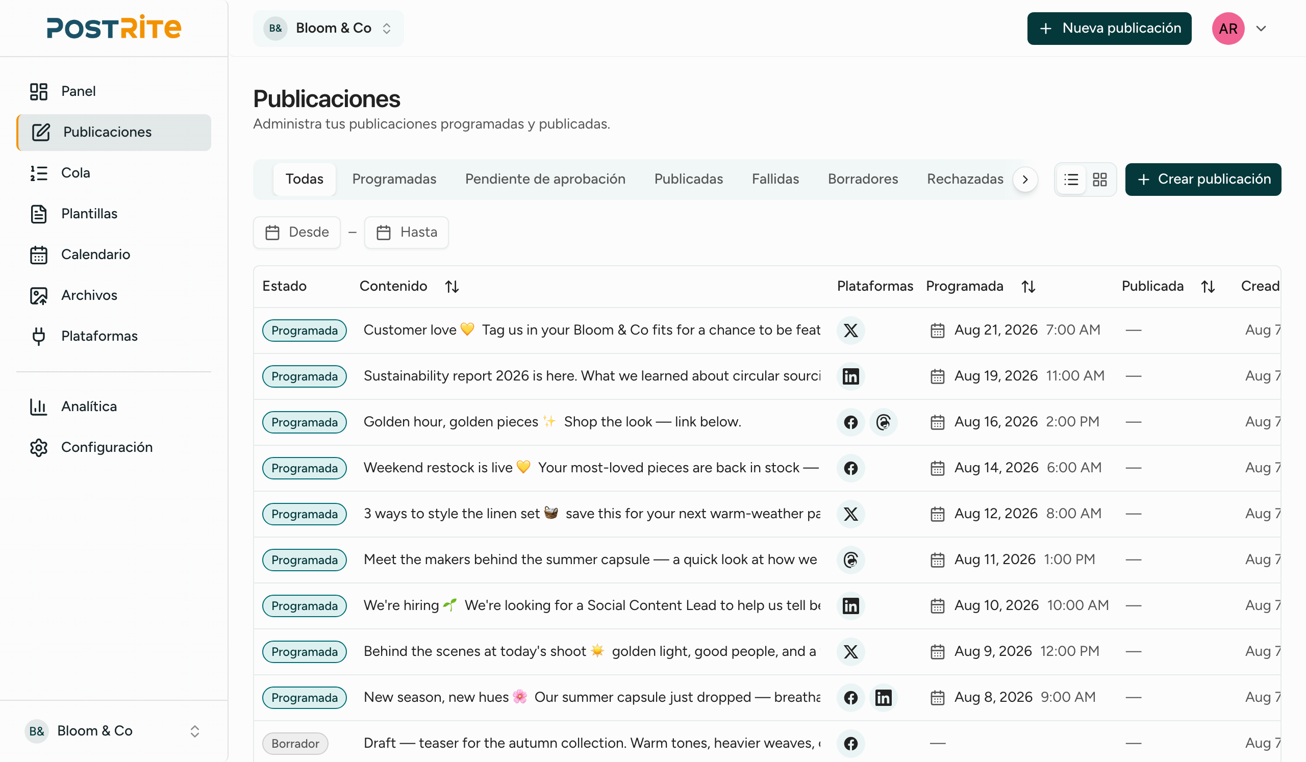 Lista de publicaciones de PostRite con borradores, programadas y publicadas y su estado por plataforma