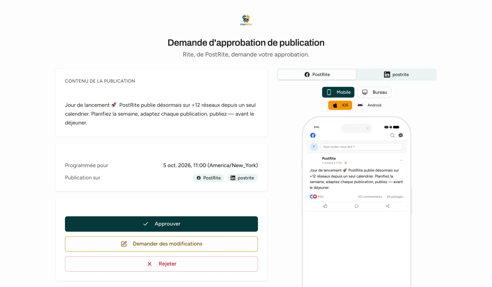 La page d'approbation que l'approbateur ouvre depuis l'e-mail, avec la publication, son aperçu et les boutons Approuver, Demander des modifications et Rejeter