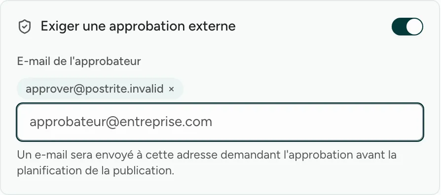 La section d'approbation de l'éditeur, activée, avec l'adresse d'un approbateur