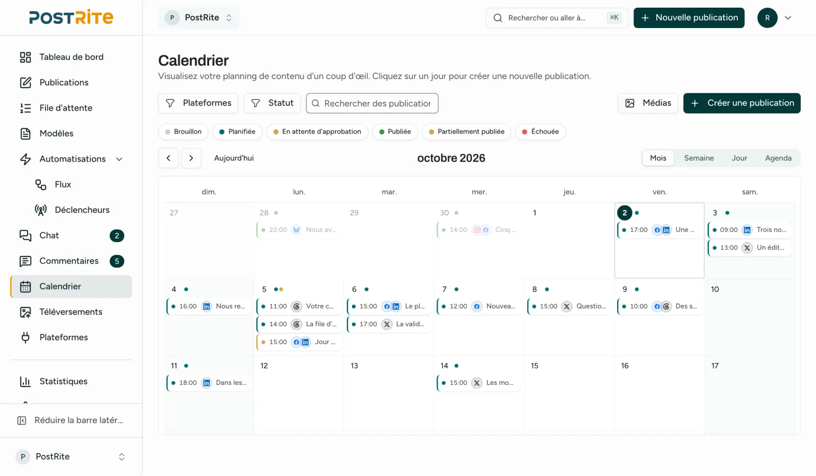Le calendrier en vue mois, avec les publications programmées à leur date