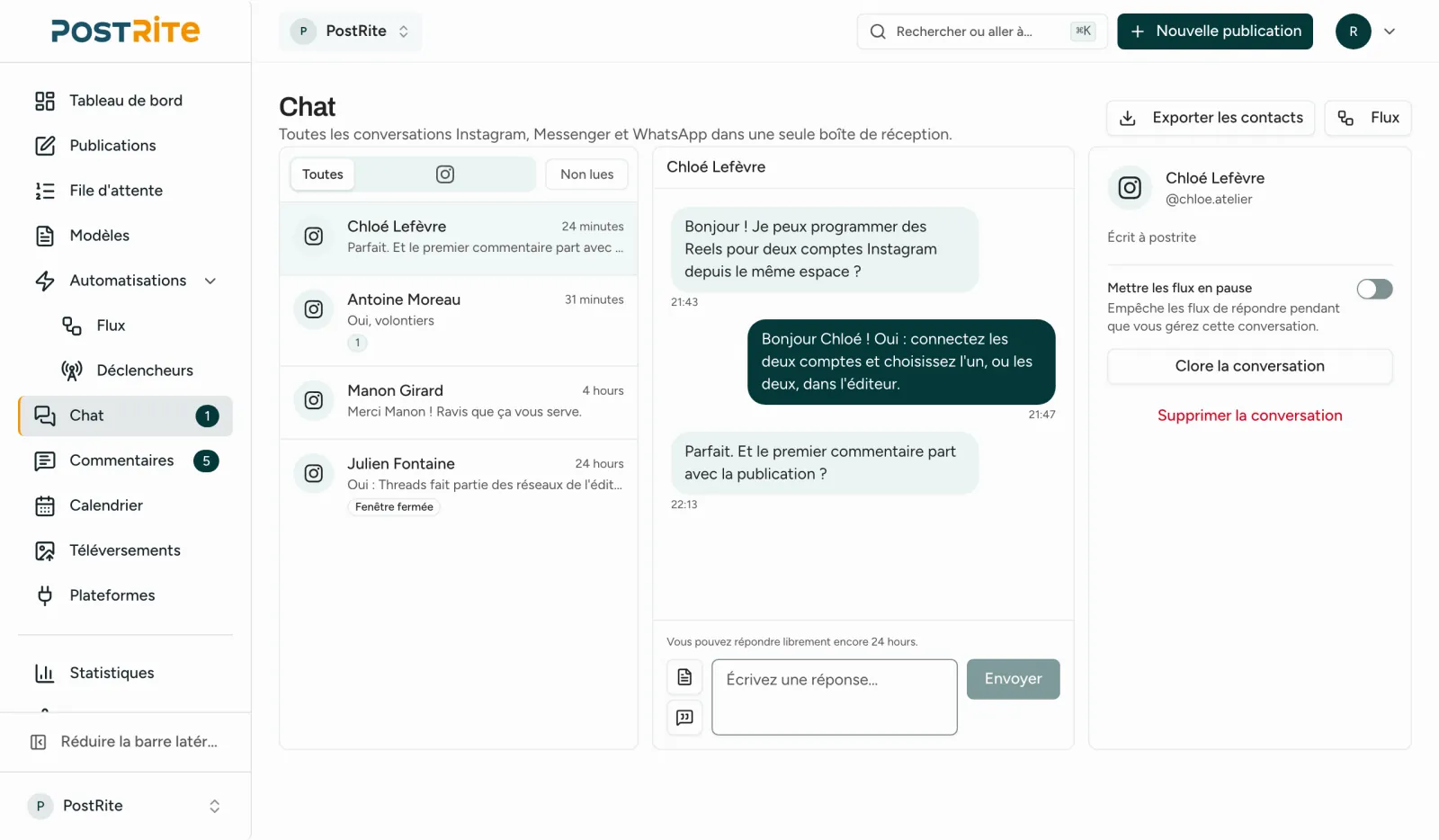 La boîte Chat avec quatre conversations Instagram, dont une ouverte à côté du panneau du contact