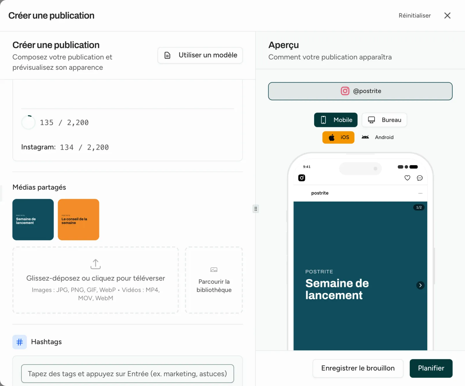 L'éditeur avec deux images ajoutées à une publication Instagram et son aperçu
