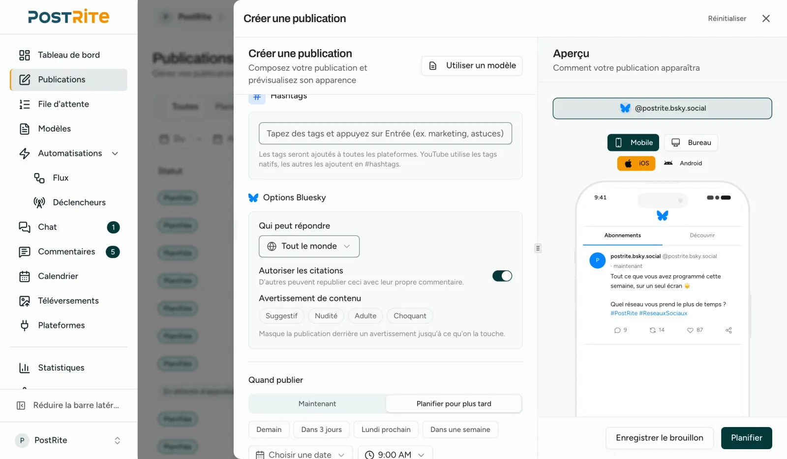 L'éditeur avec un compte Bluesky sélectionné, affichant qui peut répondre, les citations et les avertissements de contenu à côté de l'aperçu Bluesky