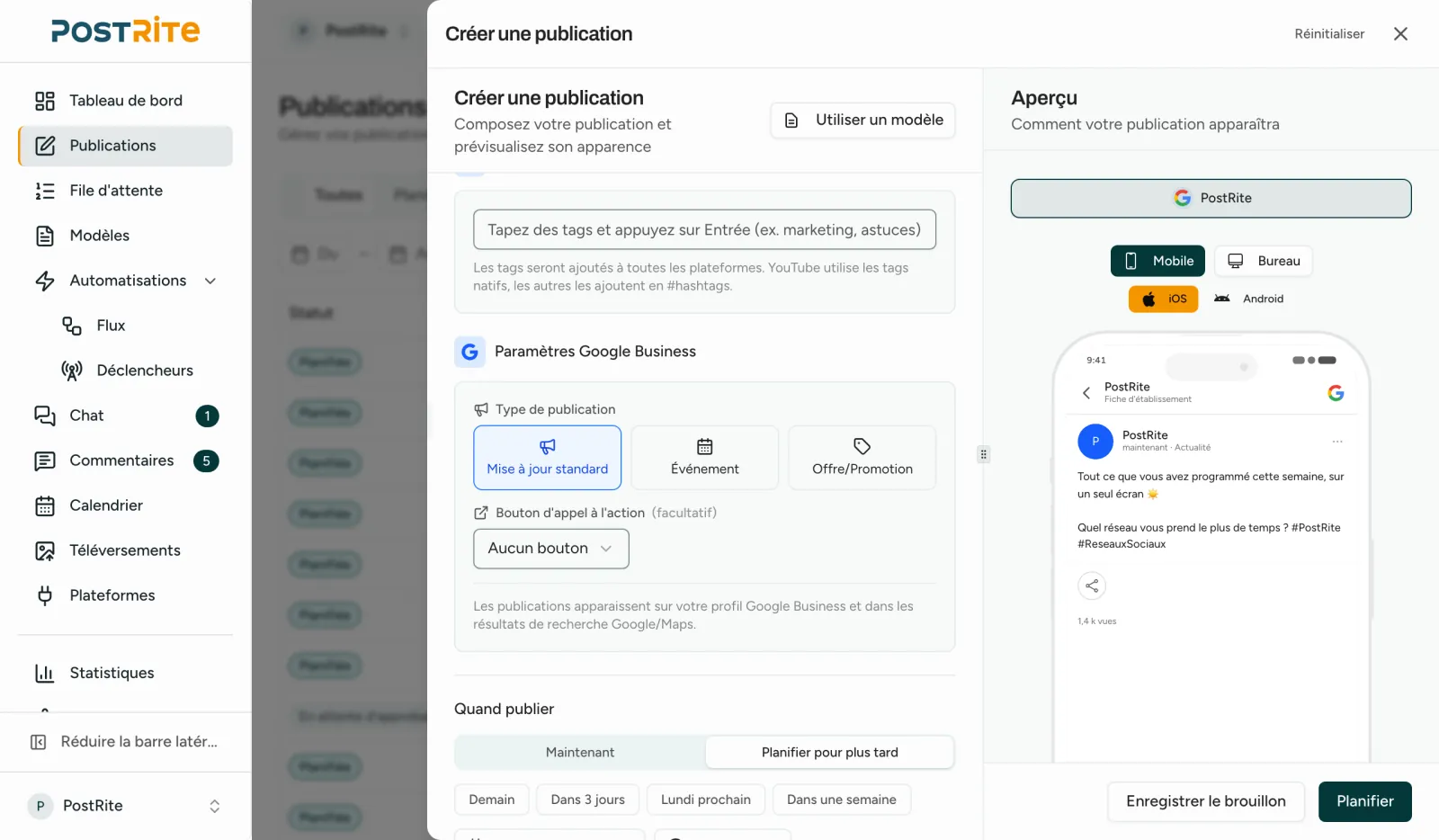 L'éditeur avec une fiche d'établissement Google sélectionnée, affichant les types de publication et le bouton d'action à côté de l'aperçu