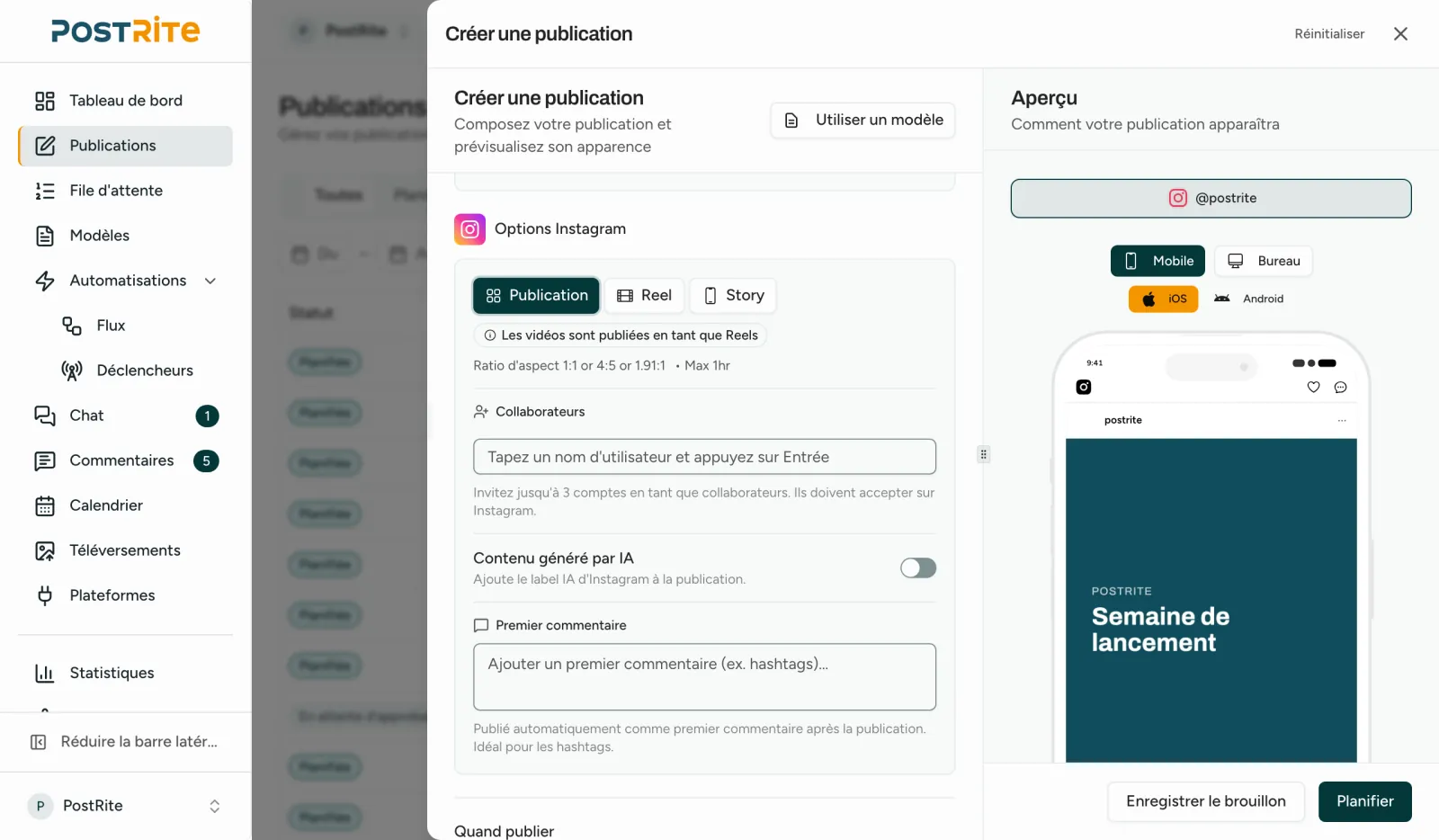 L'éditeur avec un compte Instagram sélectionné, affichant Post, Reel et Story, les collaborateurs et le premier commentaire à côté de l'aperçu