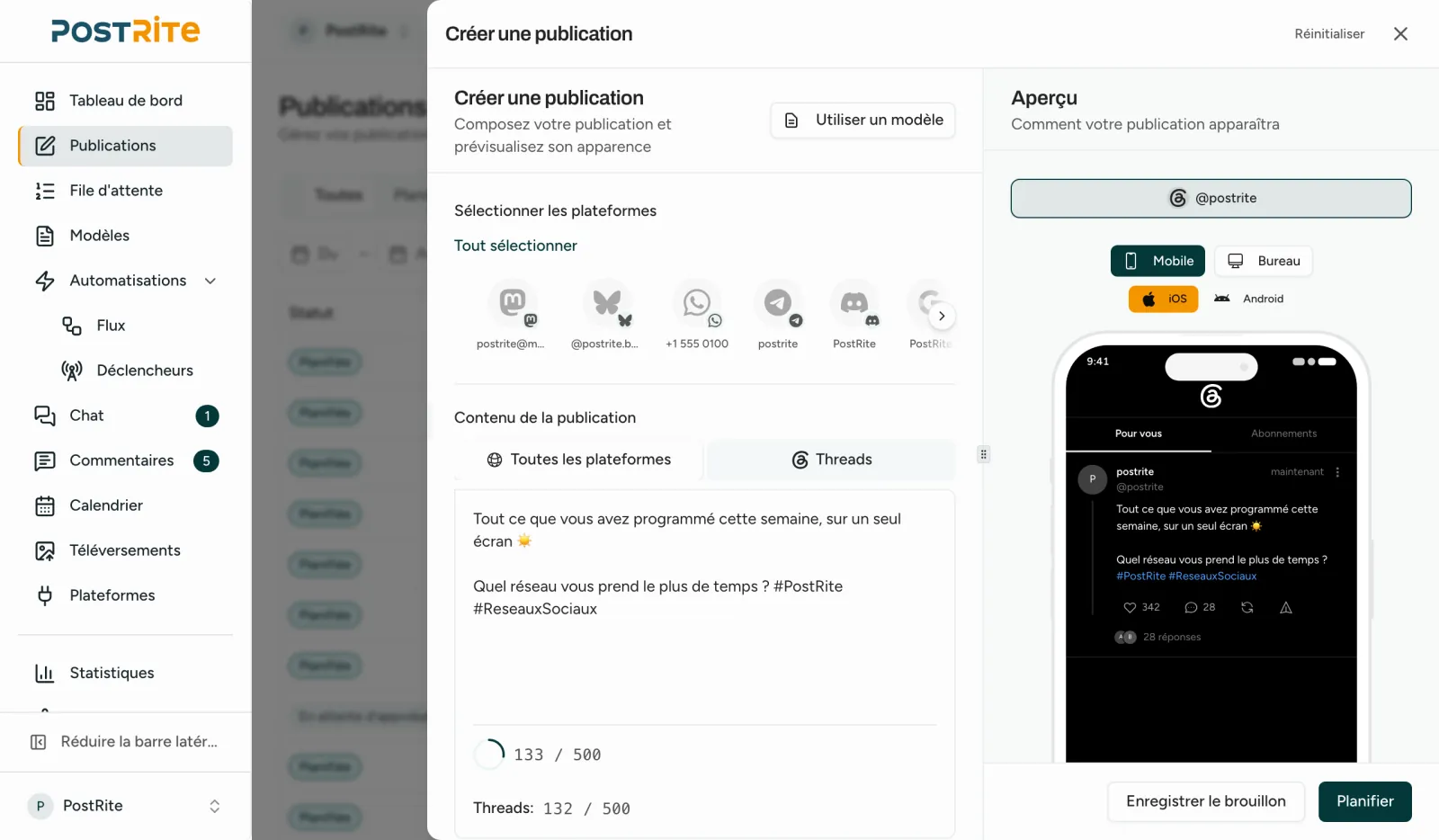 L'éditeur avec un compte Threads sélectionné et l'aperçu Threads