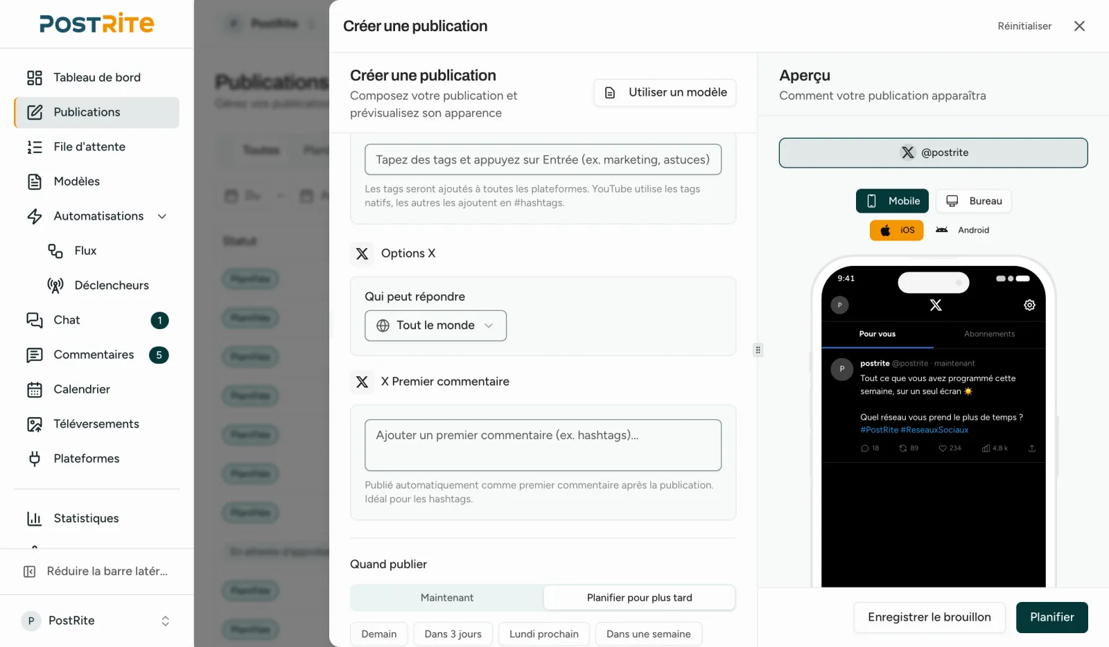 L'éditeur avec un compte X sélectionné, affichant qui peut répondre et le premier commentaire à côté de l'aperçu X