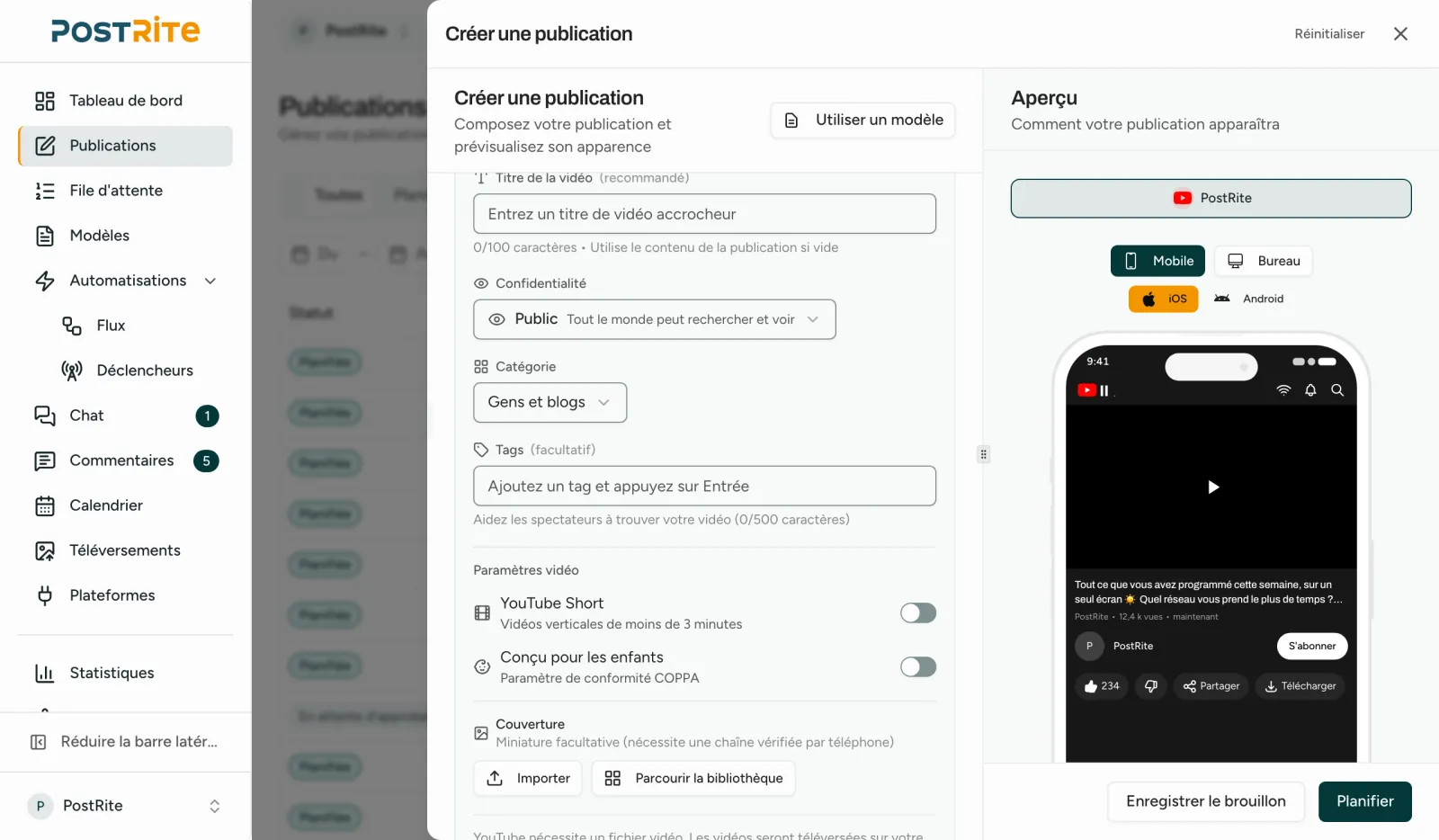 L'éditeur avec une chaîne YouTube sélectionnée, affichant le titre, la confidentialité, la catégorie, les tags et les Shorts à côté de l'aperçu YouTube