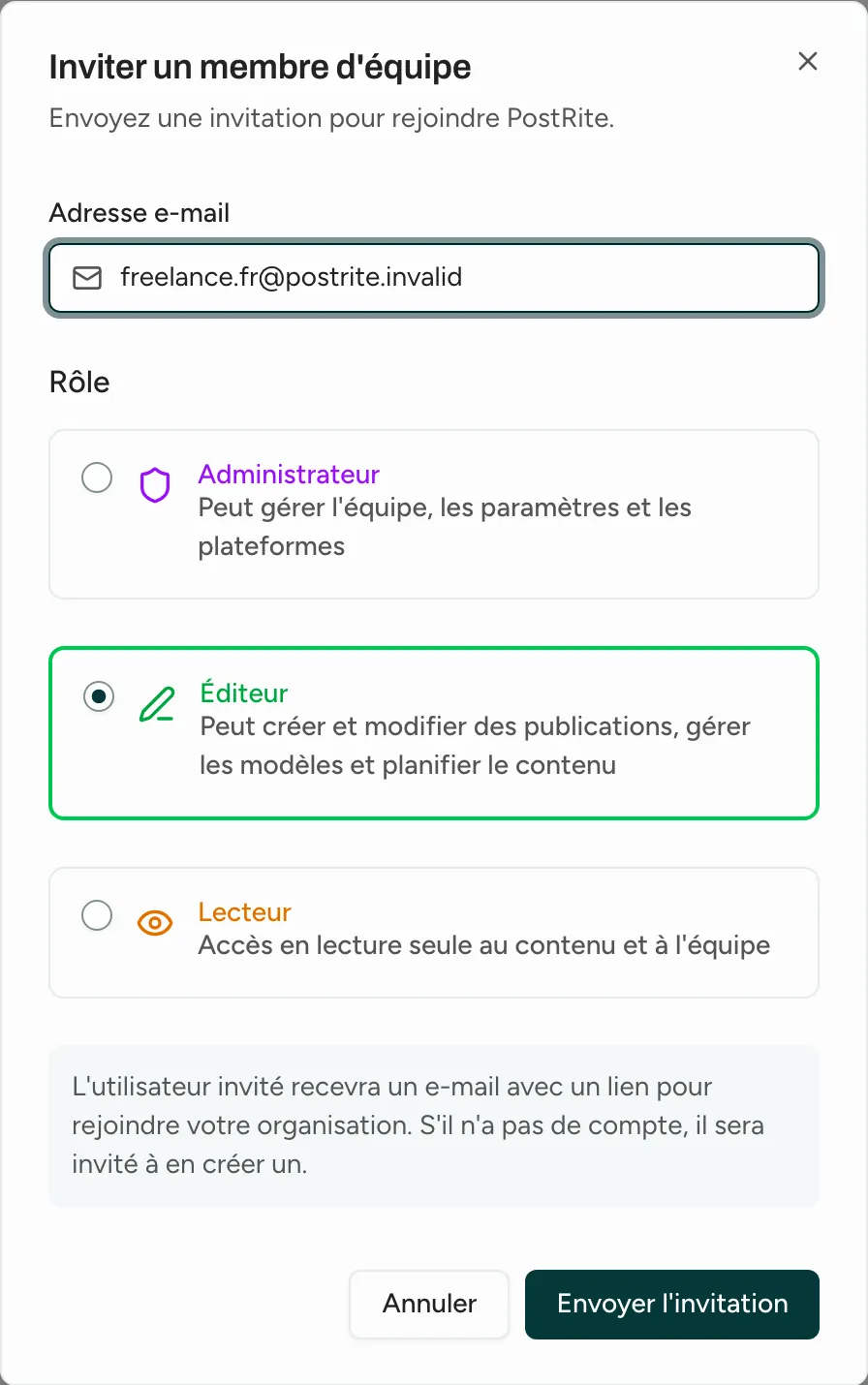 La fenêtre Inviter un membre avec une adresse e-mail saisie et le rôle Éditeur sélectionné