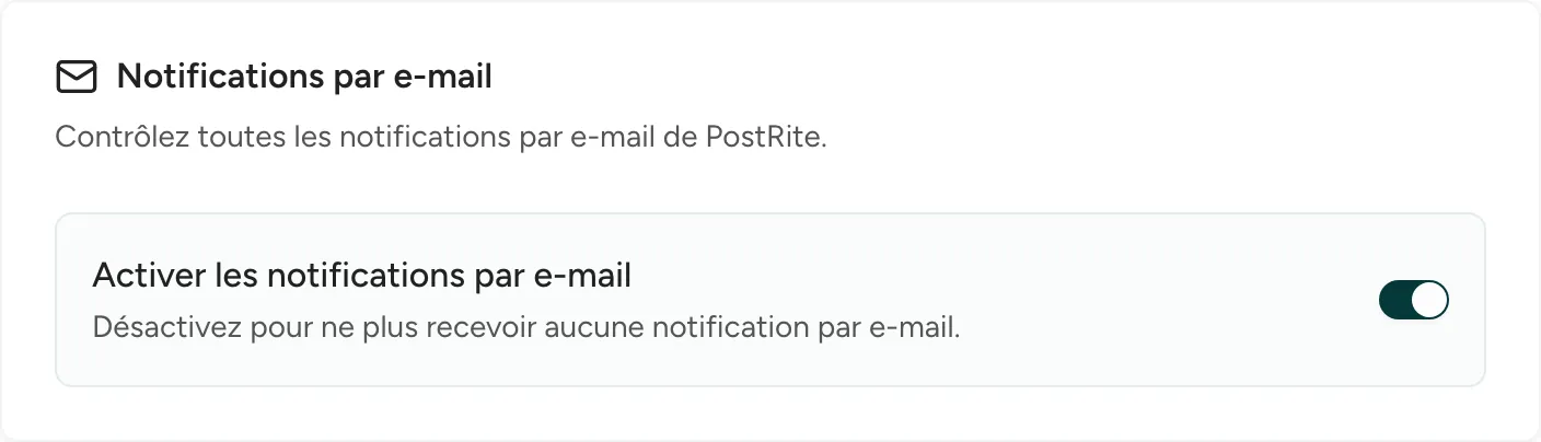 La carte Notifications par e-mail avec l'interrupteur qui active ou désactive toutes les notifications par e-mail