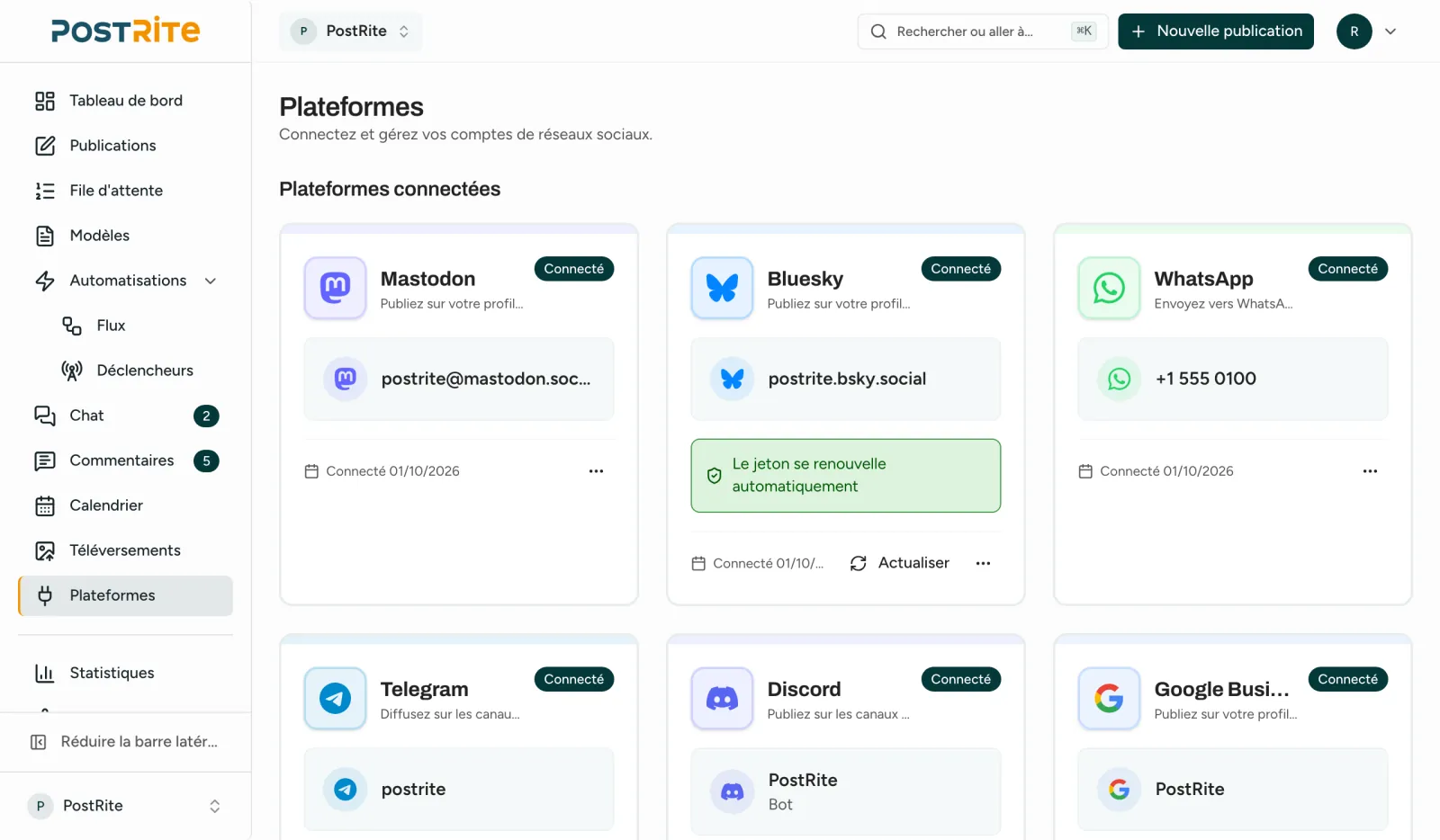 La page Plateformes avec une carte par compte connecté