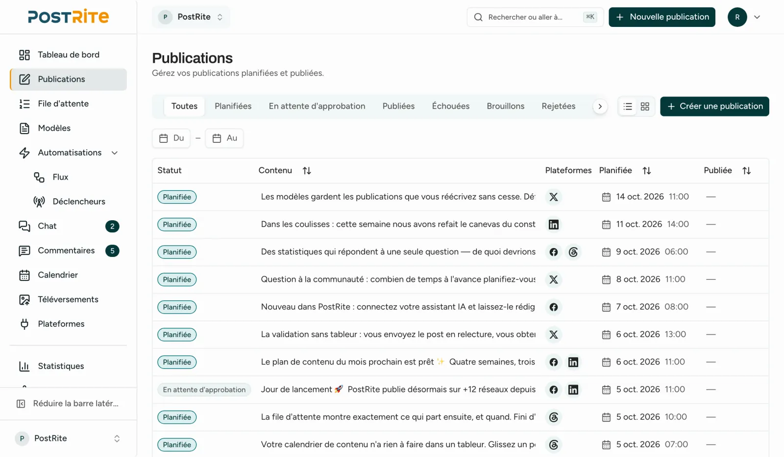 La page Publications avec des publications programmées et en attente d'approbation, leurs réseaux et leurs horaires