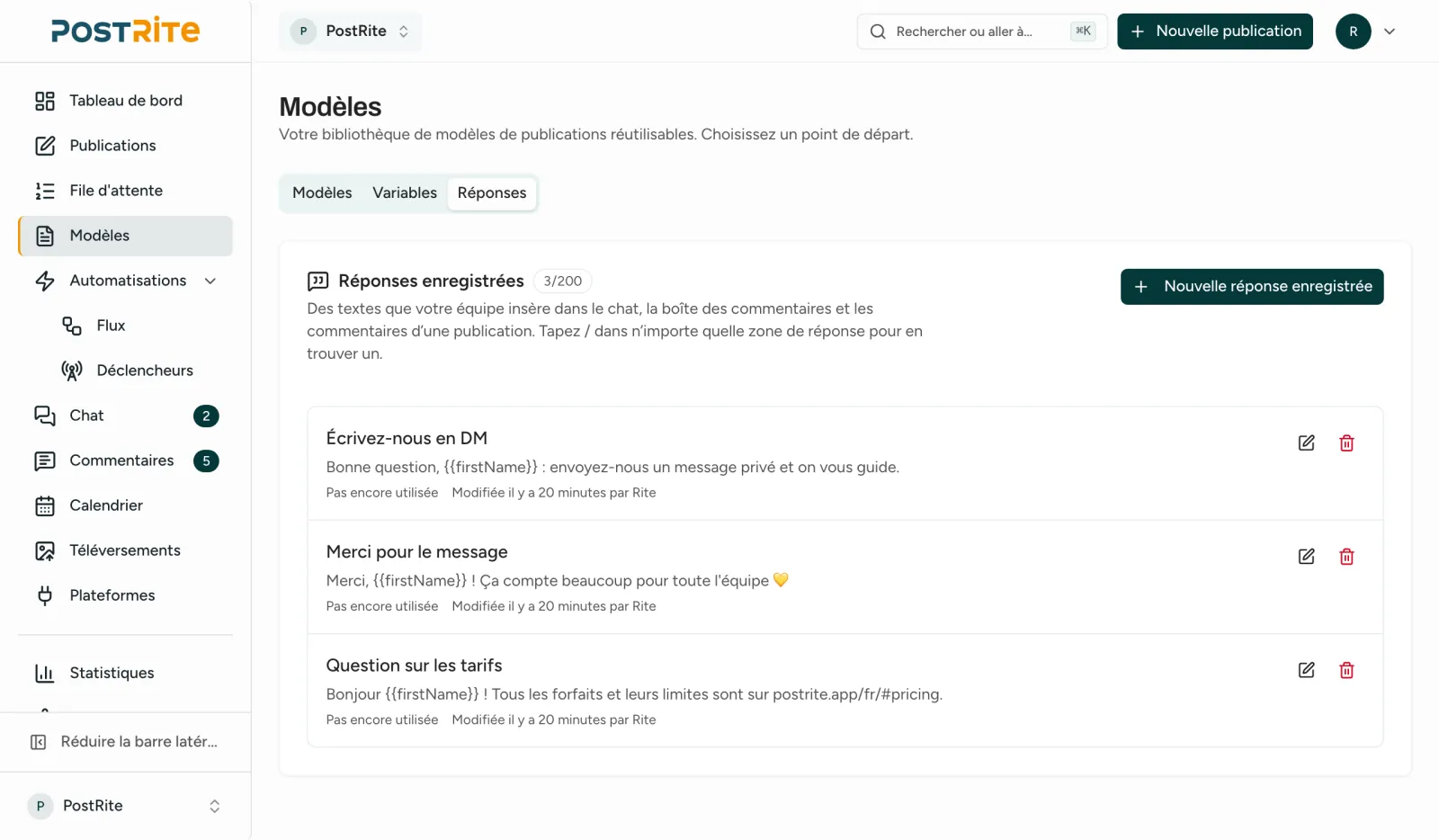 L'onglet Réponses enregistrées de la page Modèles, avec trois réponses