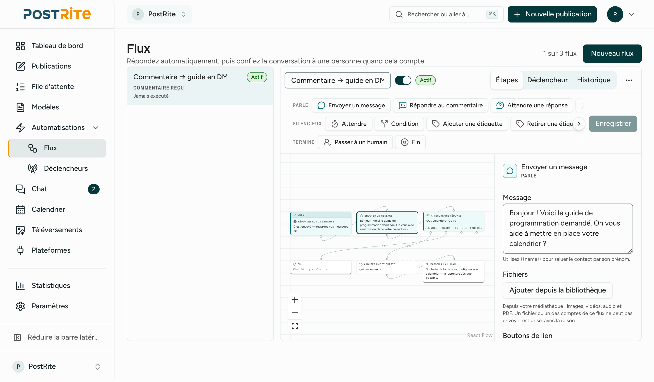Canevas du constructeur de flux de PostRite montrant une conversation automatique du commentaire au message privé