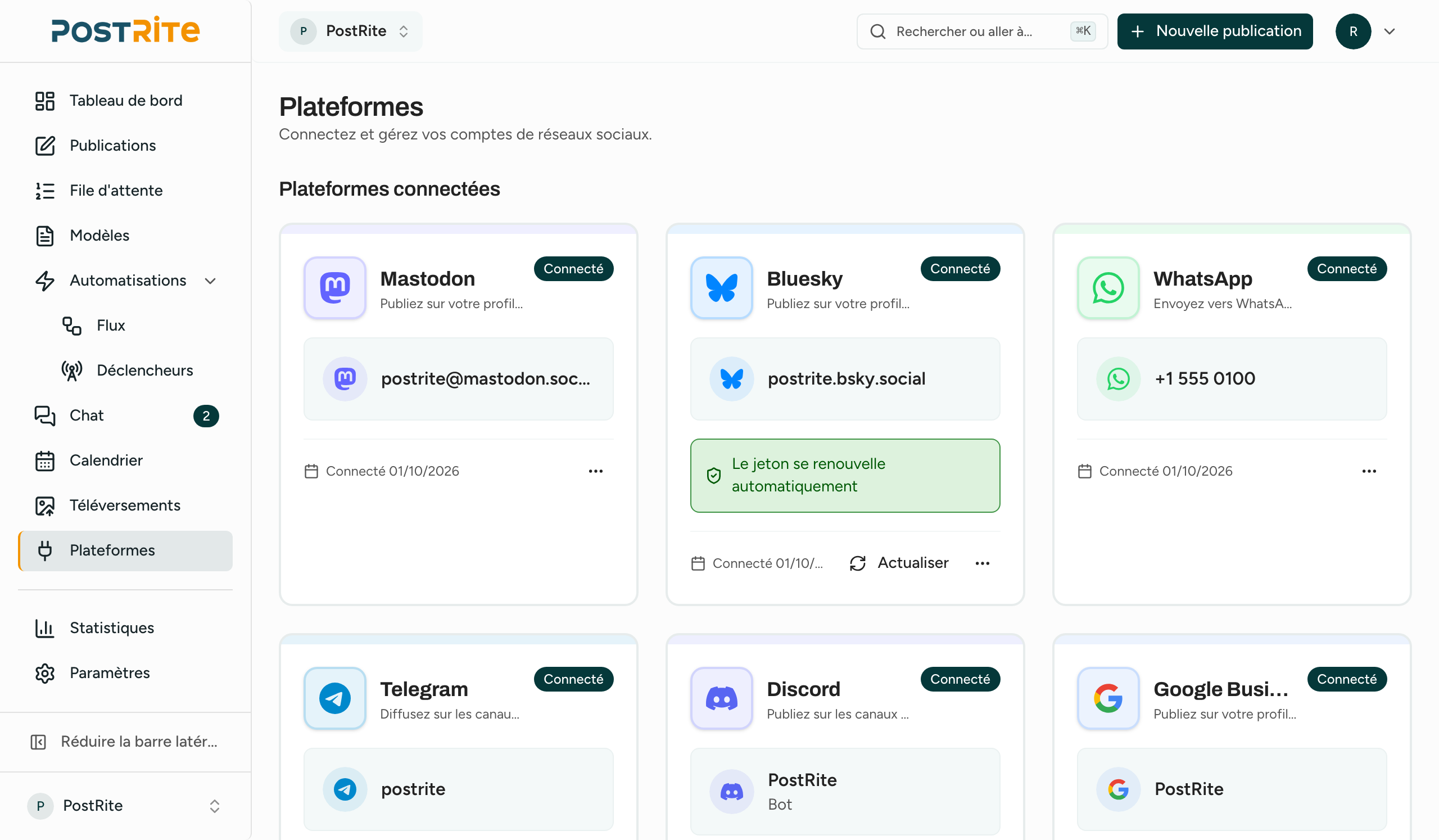 Page des plateformes de PostRite avec les comptes sociaux connectés et l'état de chaque connexion