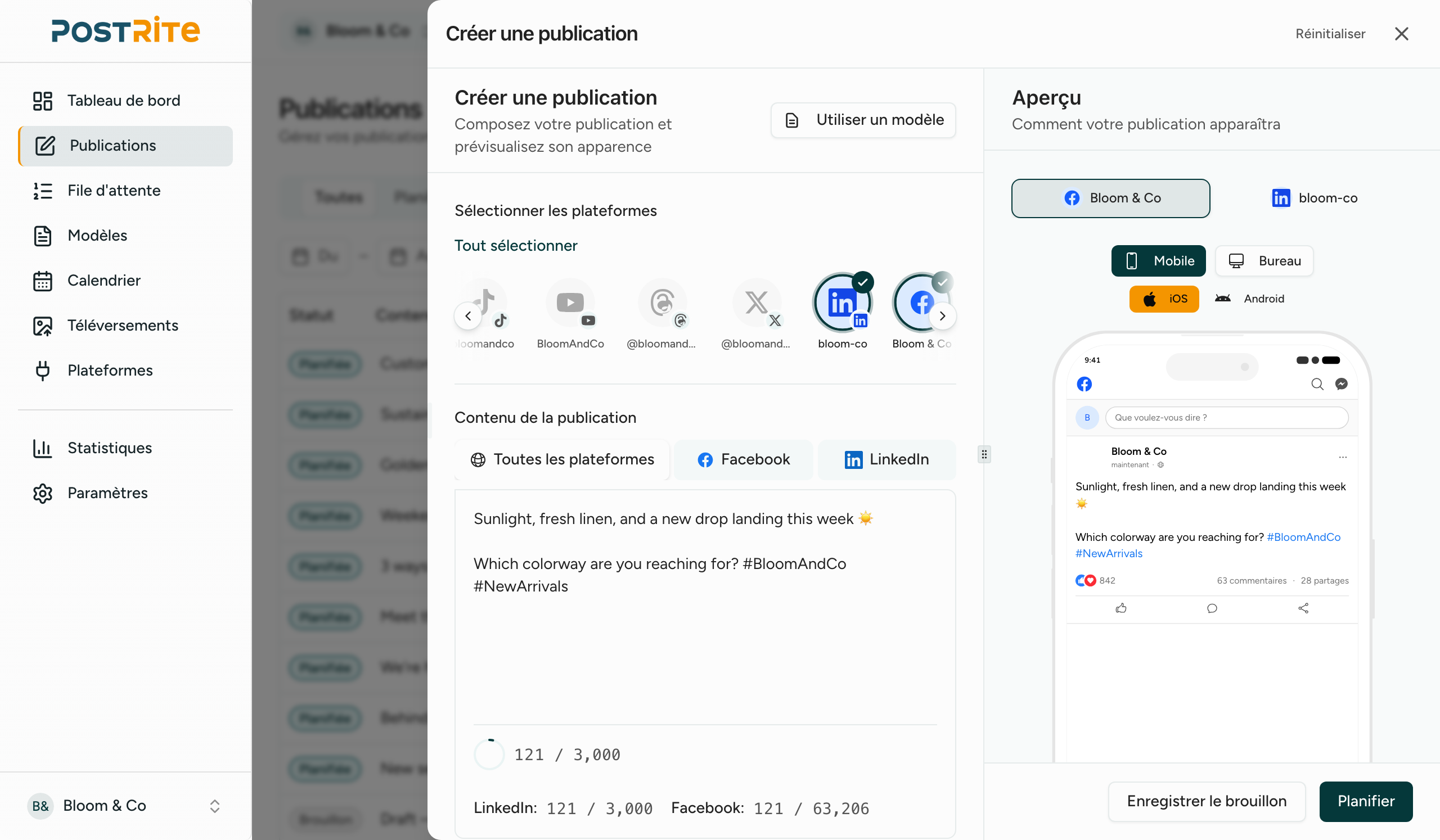 Éditeur de publication PostRite avec aperçus en direct par plateforme