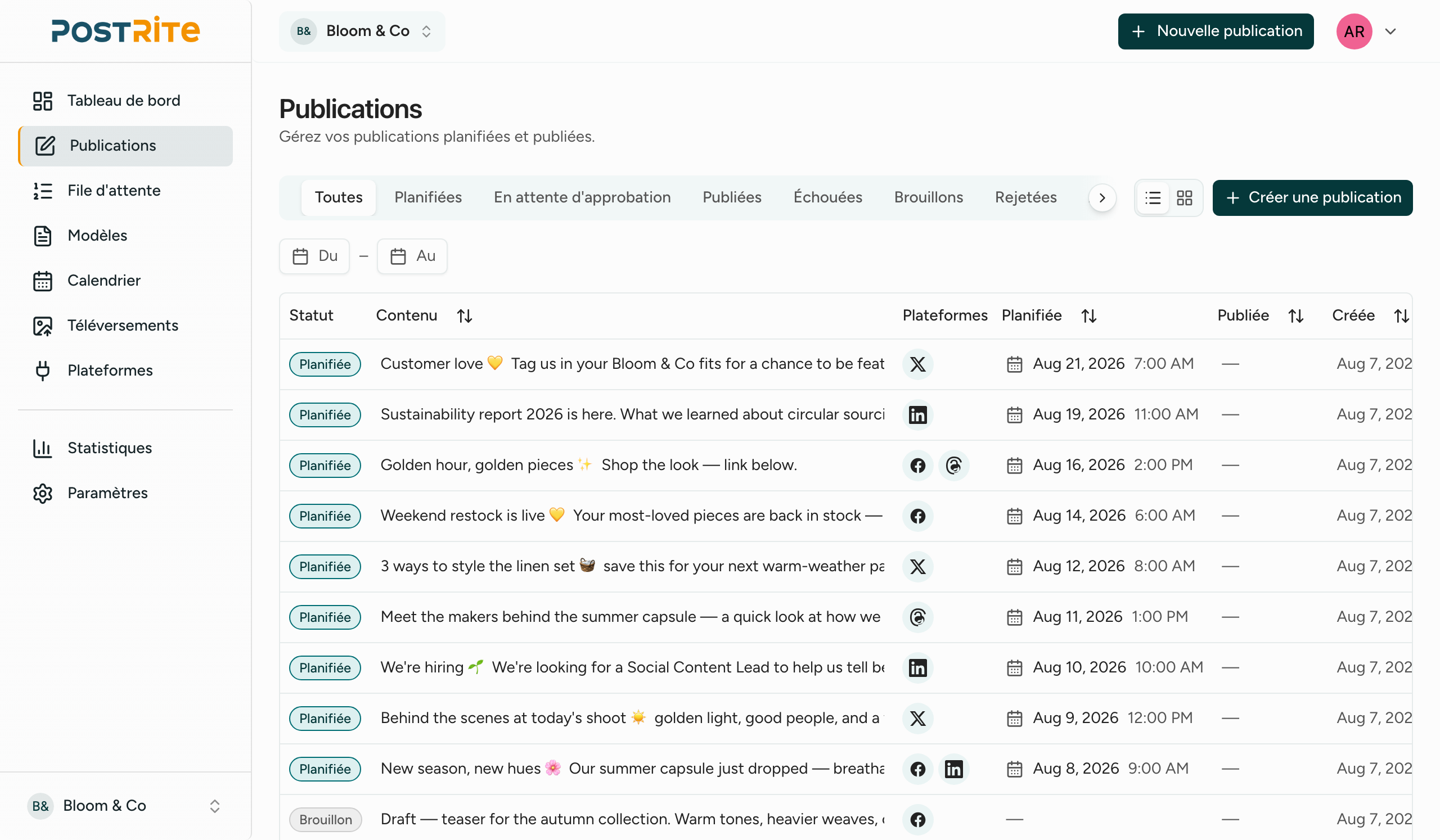 Liste des publications PostRite affichant brouillons, publications programmées et publiées avec leur statut par plateforme