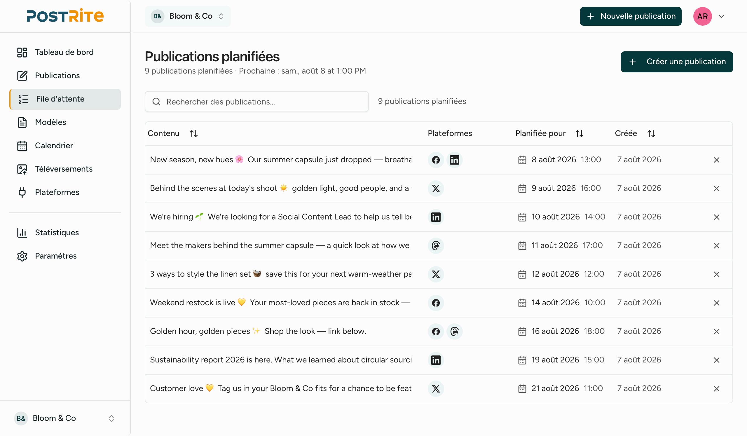 File de publication PostRite listant les publications à venir et passées avec leur statut