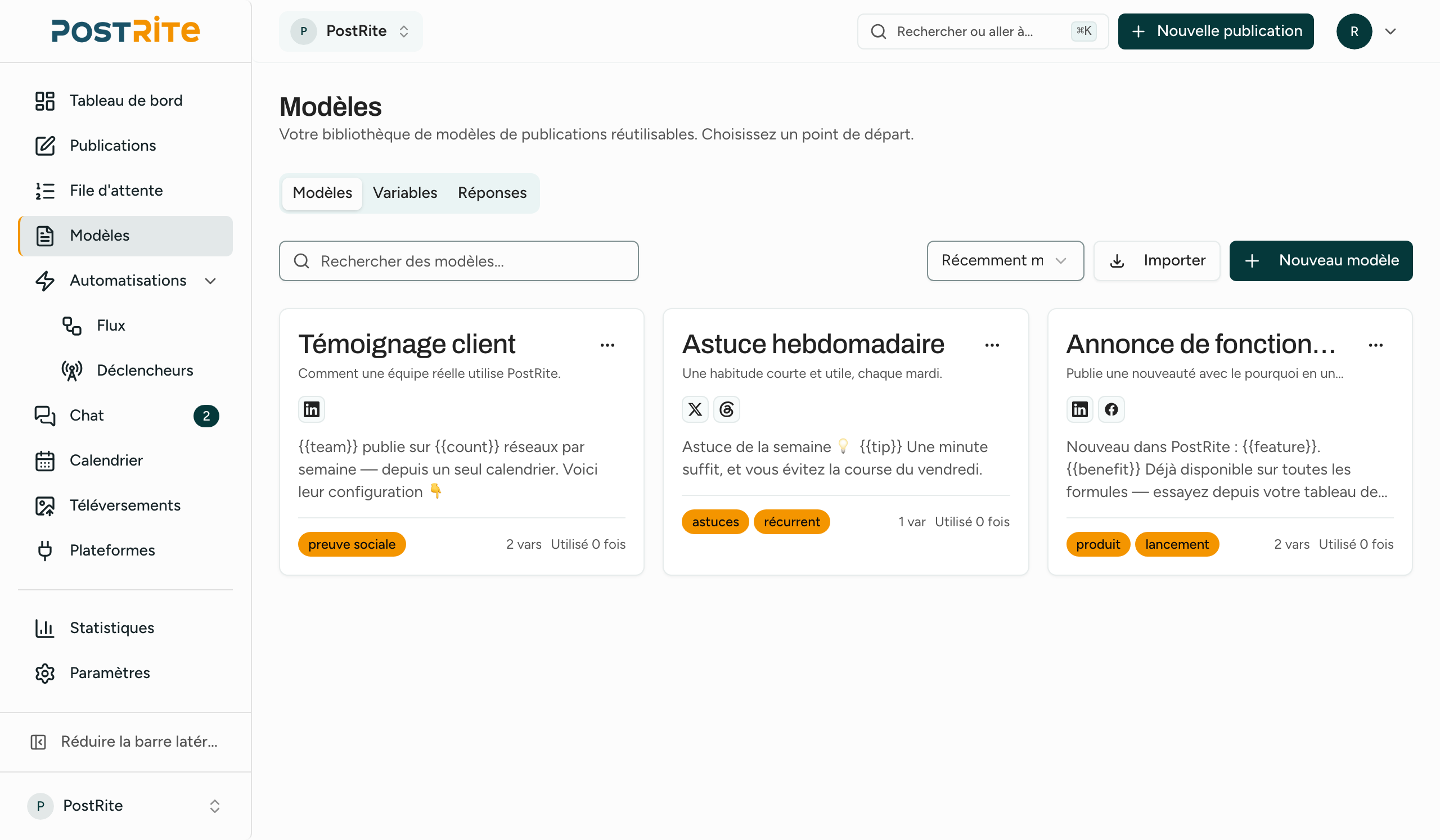 Bibliothèque de modèles de PostRite avec des modèles réutilisables, des variables et des étiquettes