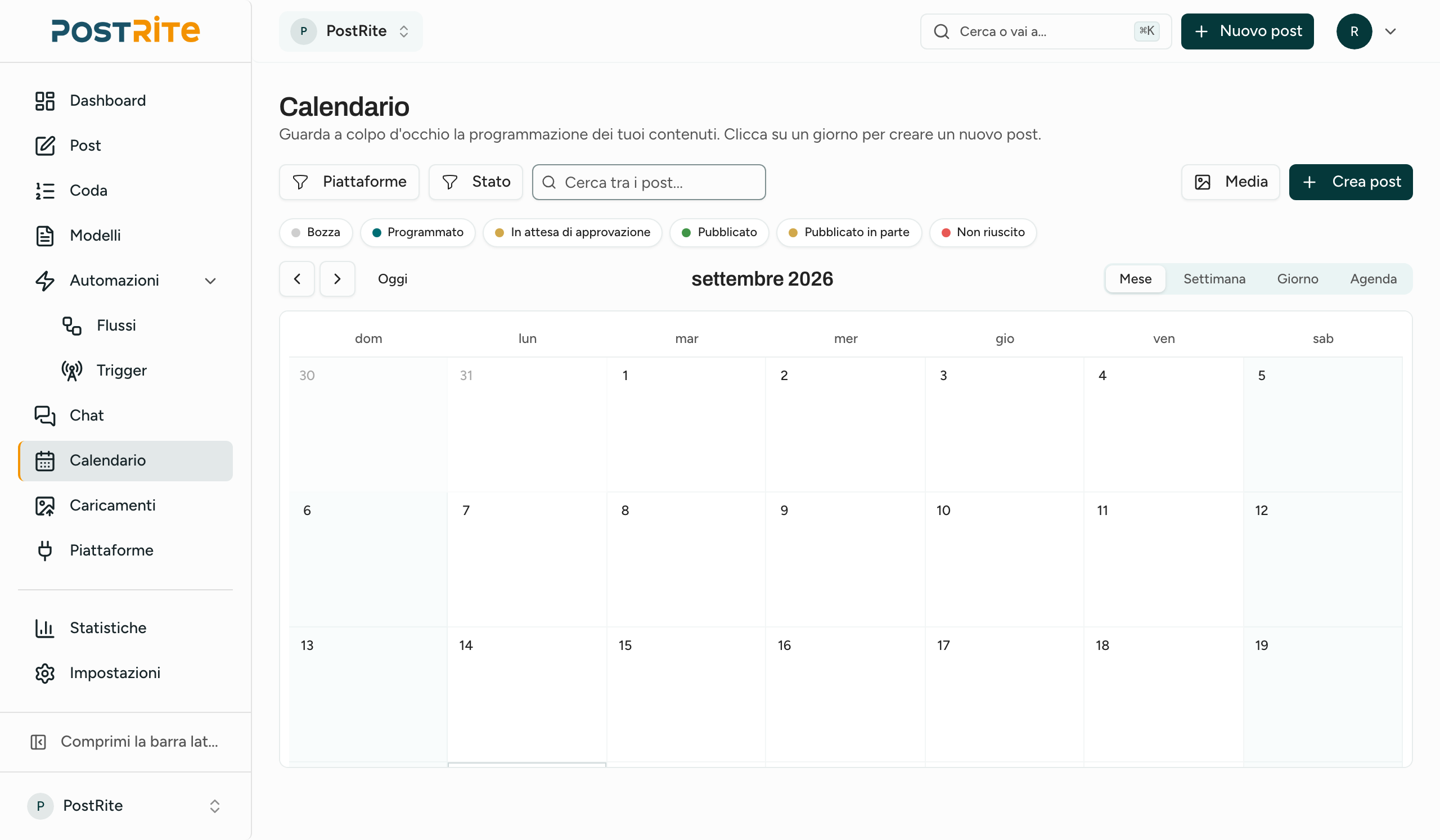 Calendario dei contenuti di PostRite con i post programmati nell'arco del mese