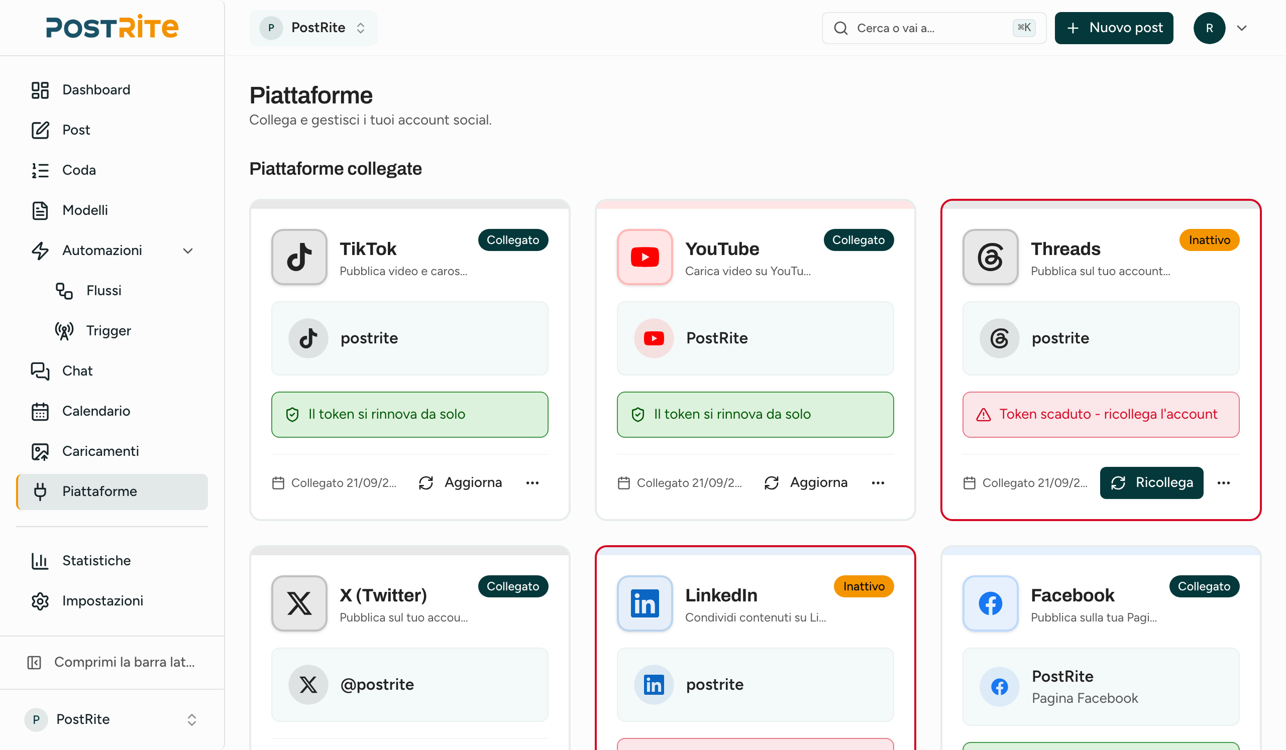 Pagina delle piattaforme di PostRite con gli account social collegati e lo stato di ogni collegamento