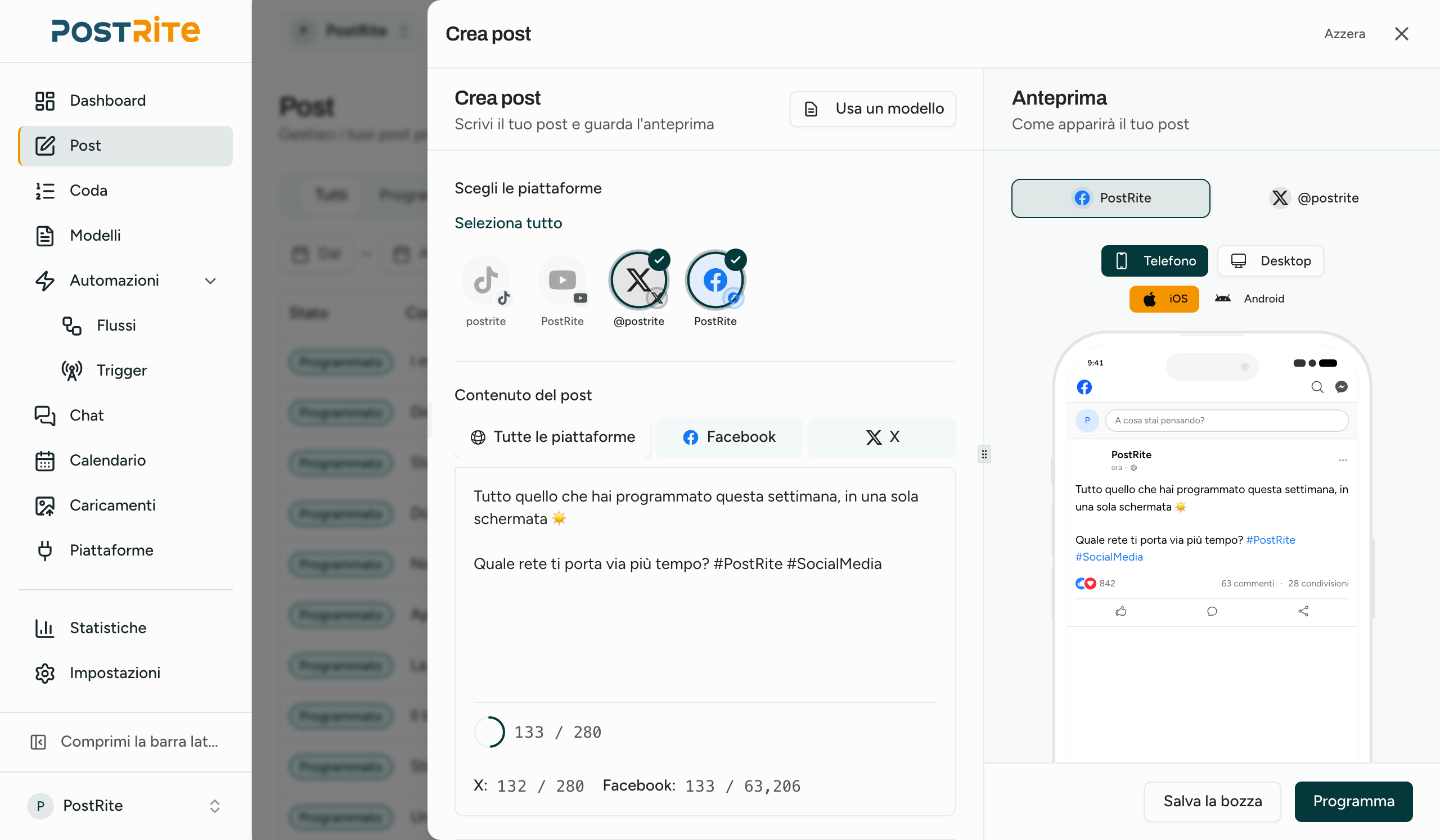 Editor dei post di PostRite con le anteprime dal vivo per ogni piattaforma