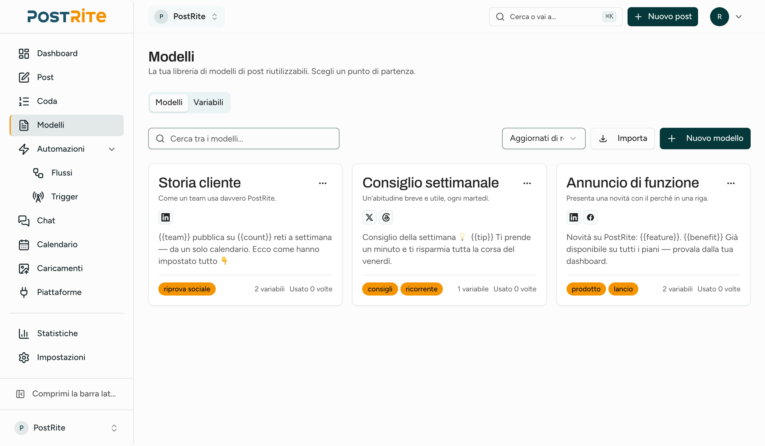 Libreria dei modelli di PostRite con i modelli di post riutilizzabili, le variabili e i tag