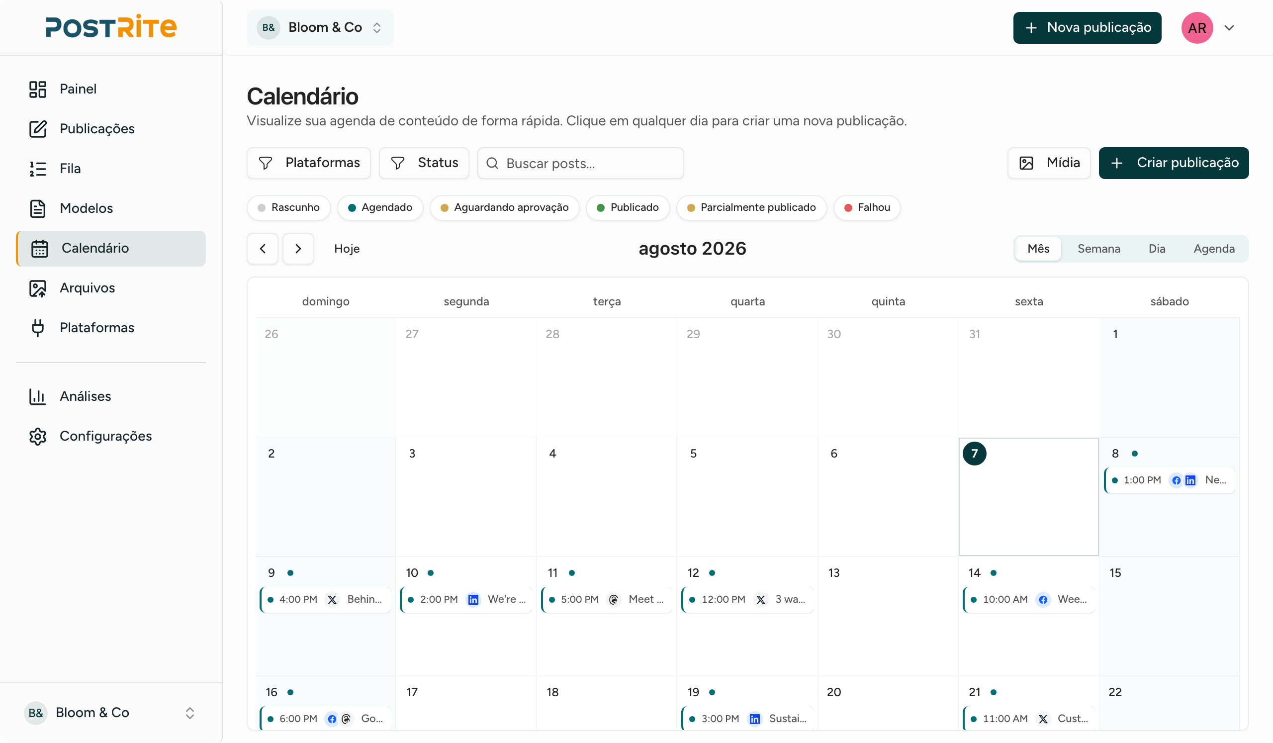 Calendário de conteúdo do PostRite com as publicações agendadas do mês