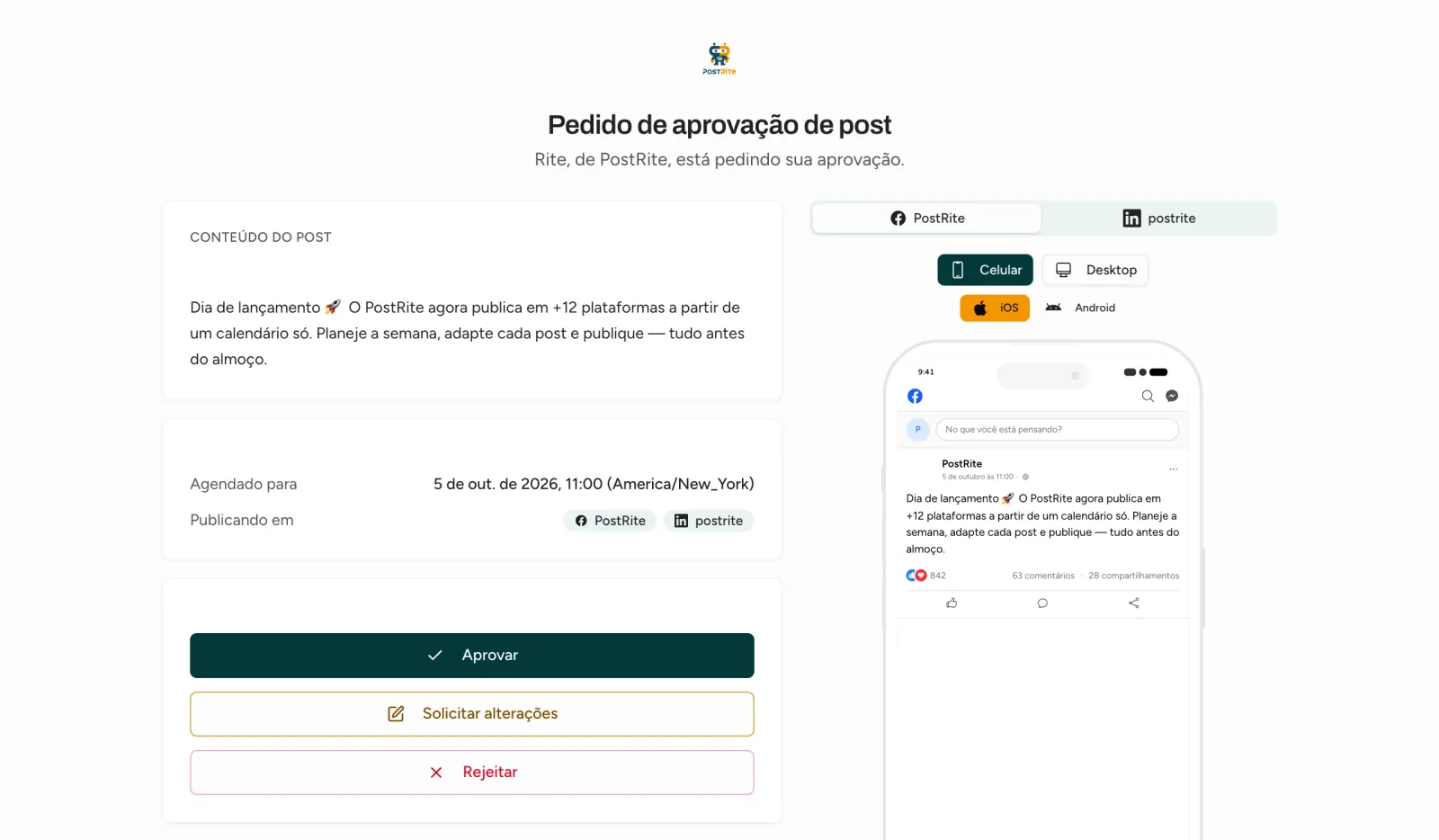 A página de aprovação que o aprovador abre pelo e-mail, com o post, a prévia e os botões Aprovar, Solicitar alterações e Rejeitar