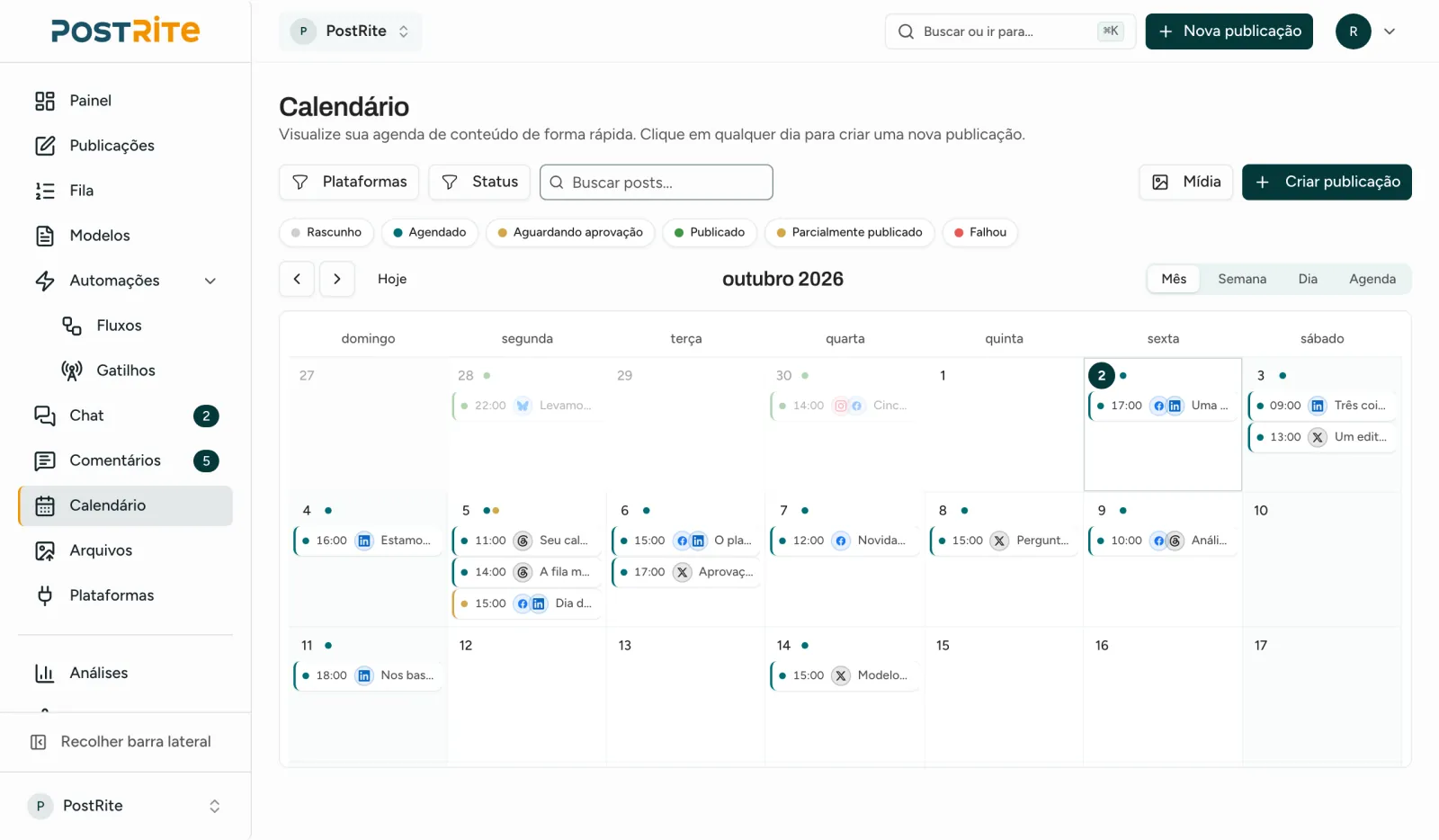 O Calendário na visão de mês, com os posts agendados em seus dias