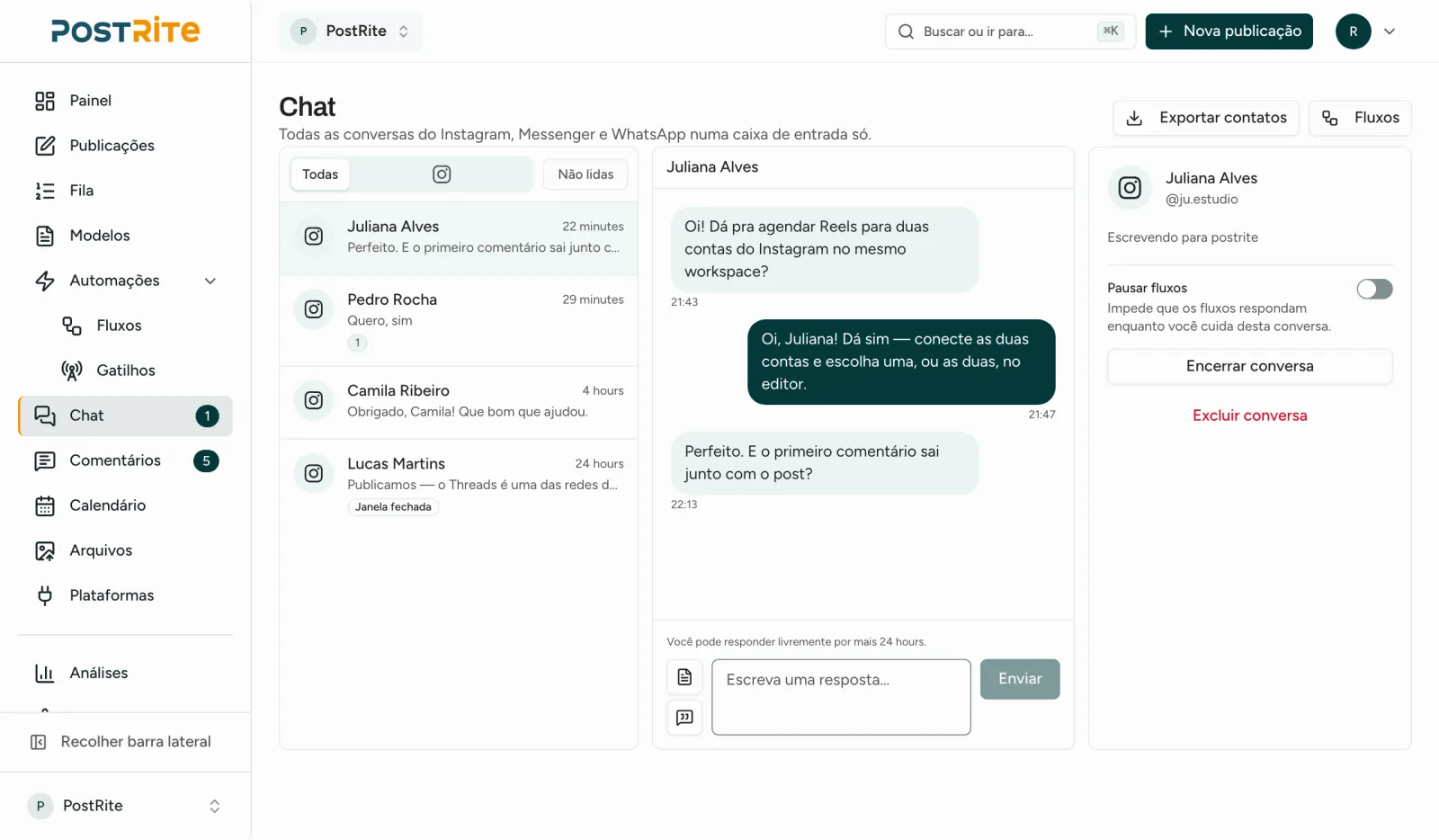 A caixa de Chat com quatro conversas do Instagram, uma delas aberta ao lado do painel do contato