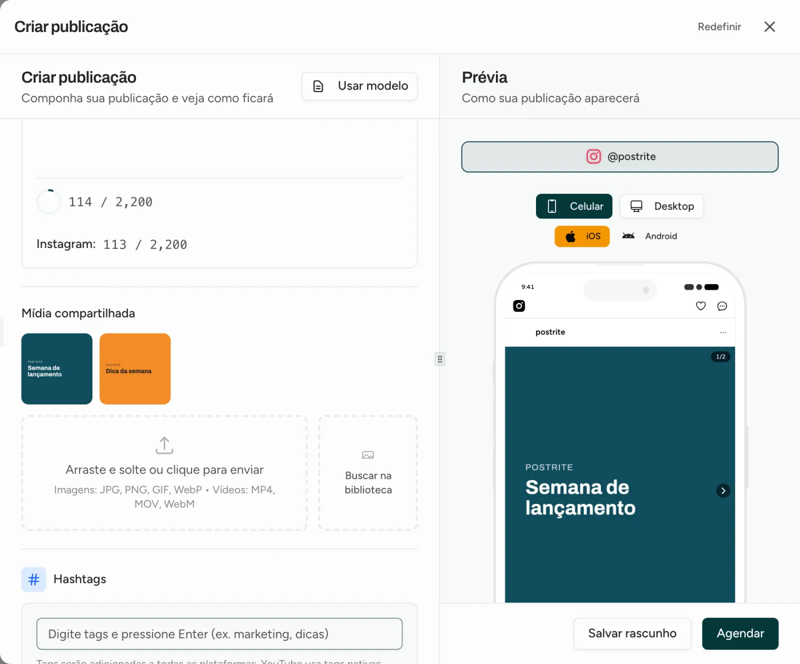 O editor de posts com duas imagens adicionadas a um post do Instagram e a prévia