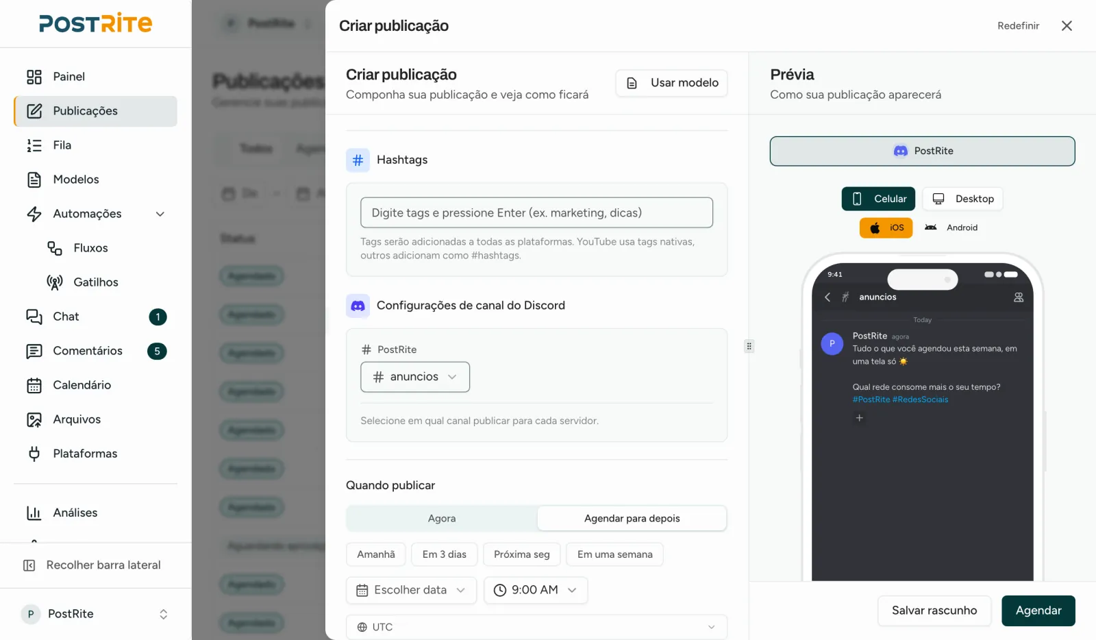 O editor de posts com um servidor do Discord selecionado, mostrando a escolha de canal ao lado da prévia do Discord